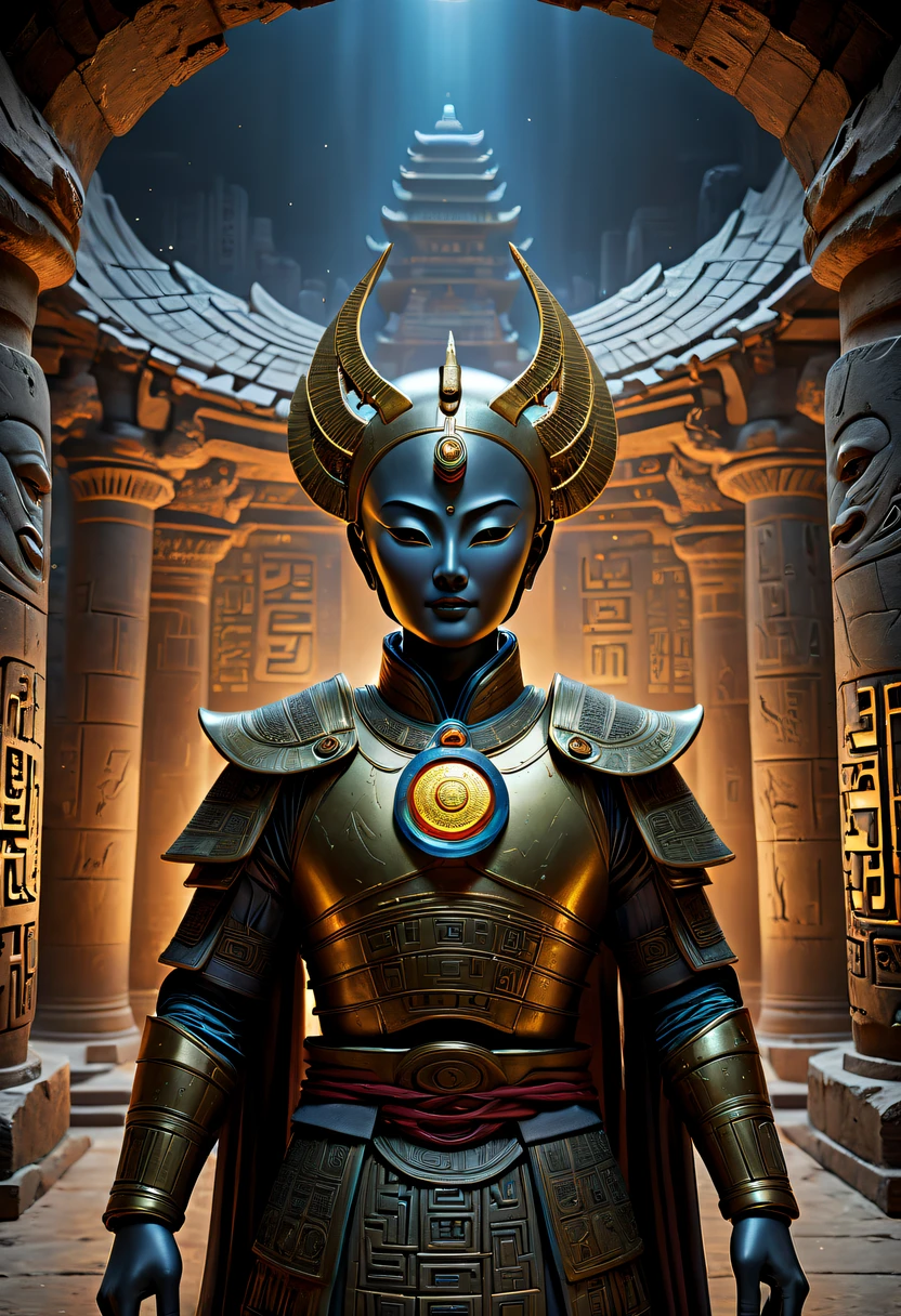 A wonderful underground cave, Alien civilization ruins, a mysterious tomb, Metal coffin, a treasure, Sparkling gold coins, terracotta warriors, antiquities, cultural relic, alien hieroglyphics, future-tech, Weird magical power, unknown cosmic energy, eye of control, Scan grid, epic, grand, octaneratingrendering, Enhanced, iintricate, (tmasterpiece, flagship artwork, offcial art, professional, Unity8k wallpapers:1.3), ultra - detailed, (actual, photoactual, photo-actual:1.37), HighDynamicRange, hyper HD, Studio lighting, Ultra-fine painting, Focus sharp, physically-based renderingt, professional, vivd colour, bokeh.
