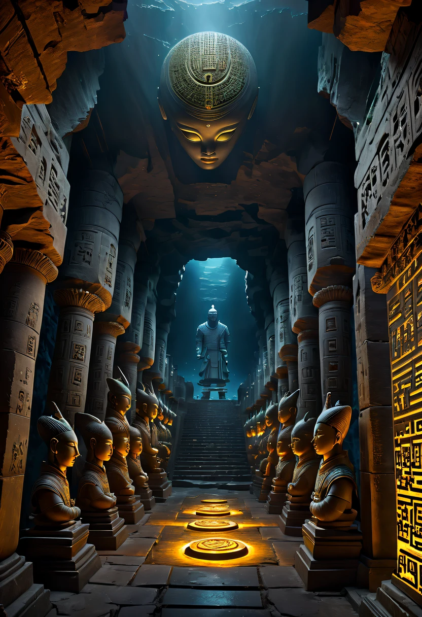 A wonderful underground cave, Alien civilization ruins, a mysterious tomb, Metal coffin, a treasure, Sparkling gold coins, terracotta warriors, antiquities, cultural relic, alien hieroglyphics, future-tech, 诡异的magia力量, unknown cosmic energy, eye of control, Scan grid, epic, grand, octaneratingrendering, Enhanced, iintricate, ((Dark)),epic,8K,Fantastical,ultra - detailed,magia, Cast spells,black hole,threatening,Ridiculous resources,Abyssal,magia Circle,Excess energy,sci-fy,Abyssaltech,dark energy,Ethereal,solution,ssee-through,Abyss,Anti-tech,sci-fy,Pure energy, (tmasterpiece, flagship artwork, offcial art, professional, Unity8k wallpapers:1.3), ultra - detailed, (actual, photoactual, photo-actual:1.37), HighDynamicRange, hyper HD, Studio lighting, Ultra-fine painting, Focus sharp, physically-based renderingt, professional, vivd colour, bokeh.
