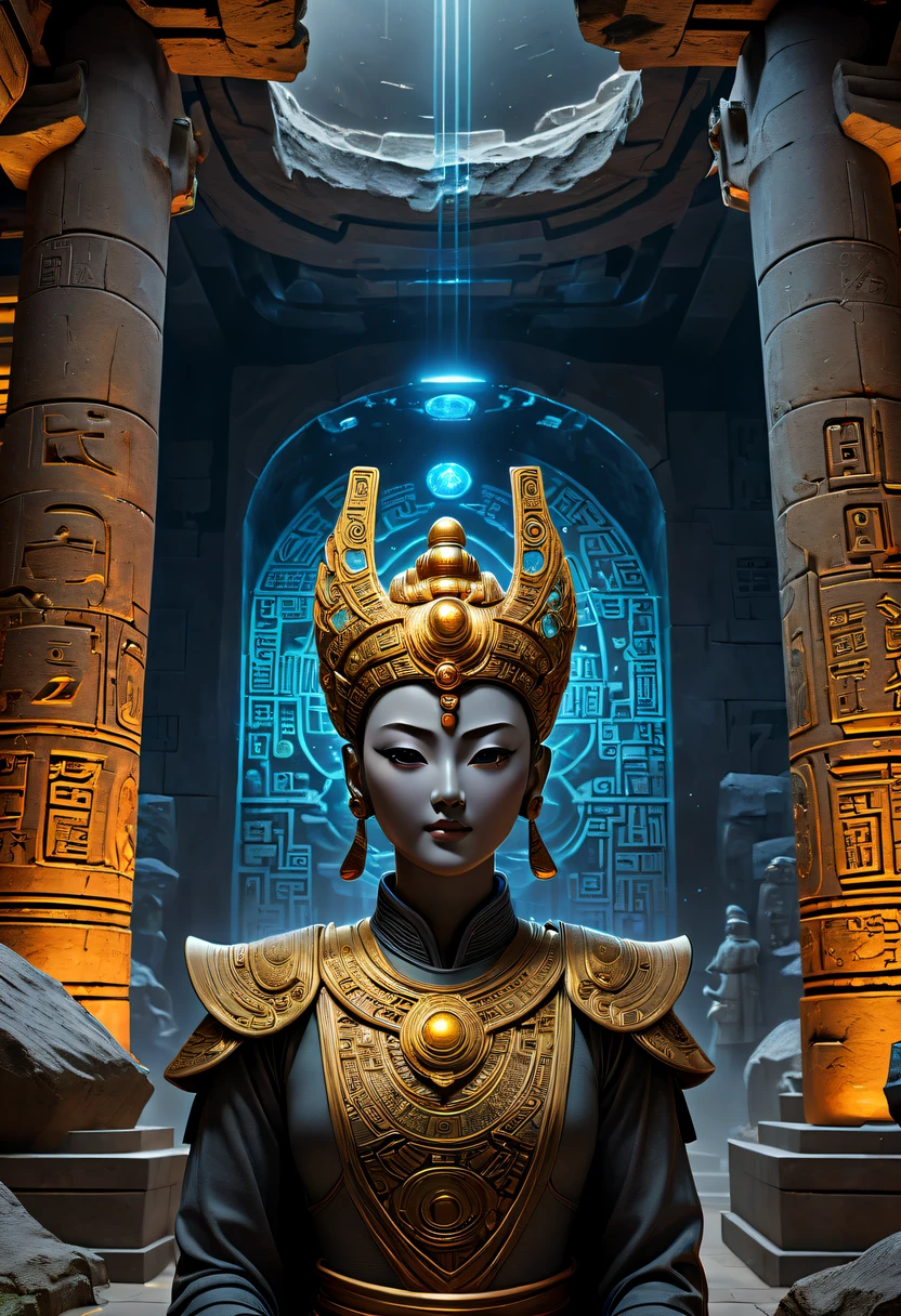 A wonderful underground cave, Alien civilization ruins, a mysterious tomb, Metal coffin, a treasure, Sparkling gold coins, terracotta warriors, antiquities, cultural relic, alien hieroglyphics, future-tech, Weird magical power, unknown cosmic energy, eye of control, Scan grid, epic, grand, octaneratingrendering, Enhanced, iintricate, (tmasterpiece, flagship artwork, offcial art, professional, Unity8k wallpapers:1.3), ultra - detailed, (actual, photoactual, photo-actual:1.37), HighDynamicRange, hyper HD, Studio lighting, Ultra-fine painting, Focus sharp, physically-based renderingt, professional, vivd colour, bokeh.