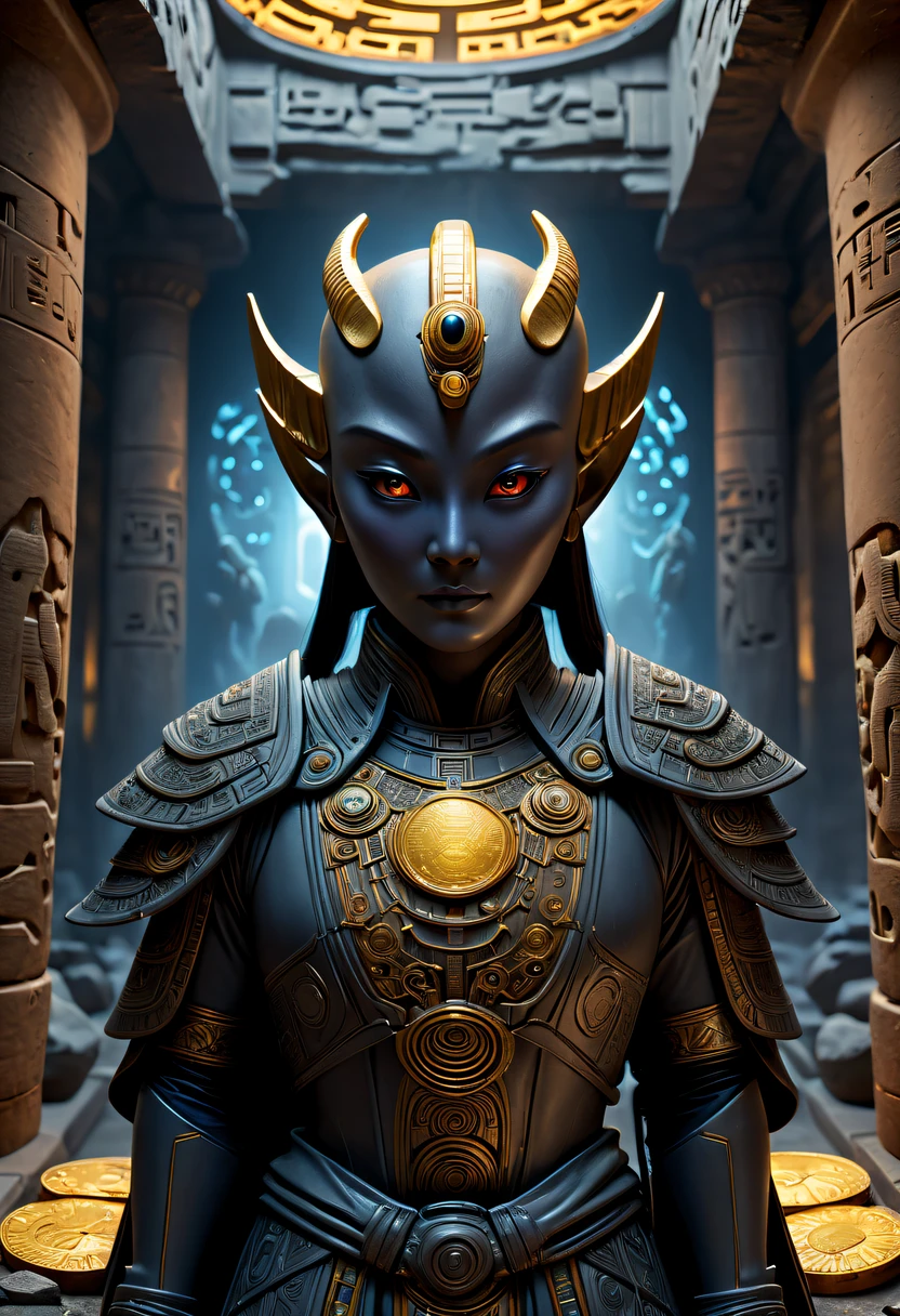 A wonderful underground cave, Alien civilization ruins, a mysterious tomb, Metal coffin, a treasure, Sparkling gold coins, terracotta warriors, antiquities, cultural relic, alien hieroglyphics, future-tech, Weird magical power, unknown cosmic energy, eye of control, Scan grid, epic, grand, octaneratingrendering, Enhanced, iintricate, (tmasterpiece, flagship artwork, offcial art, professional, Unity8k wallpapers:1.3), ultra - detailed, (actual, photoactual, photo-actual:1.37), HighDynamicRange, hyper HD, Studio lighting, Ultra-fine painting, Focus sharp, physically-based renderingt, professional, vivd colour, bokeh.