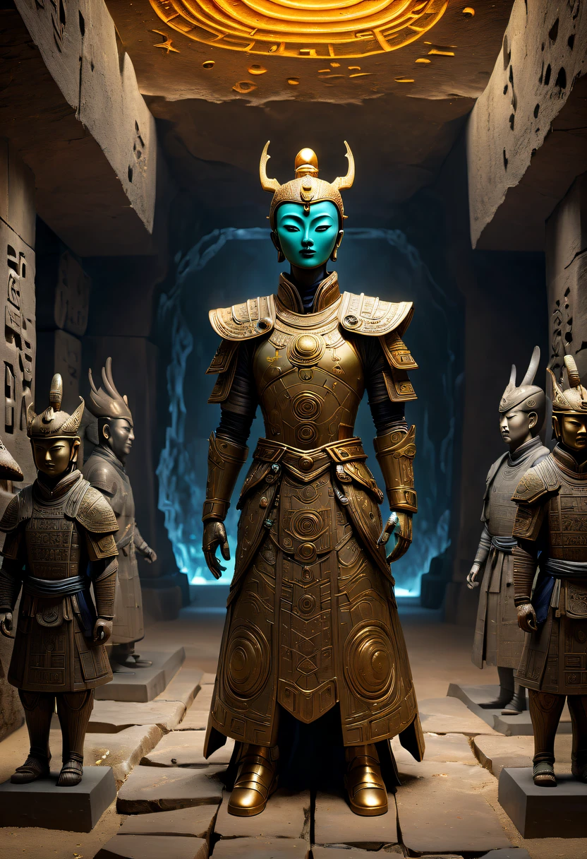 A wonderful underground cave, Alien civilization ruins, a mysterious tomb, Metal coffin, a treasure, Sparkling gold coins, terracotta warriors, antiquities, cultural relic, alien hieroglyphics, future-tech, Weird magical power, unknown cosmic energy, eye of control, Scan grid, epic, grand, octaneratingrendering, Enhanced, iintricate, (tmasterpiece, flagship artwork, offcial art, professional, Unity8k wallpapers:1.3), ultra - detailed, (actual, photoactual, photo-actual:1.37), HighDynamicRange, hyper HD, Studio lighting, Ultra-fine painting, Focus sharp, physically-based renderingt, professional, vivd colour, bokeh.