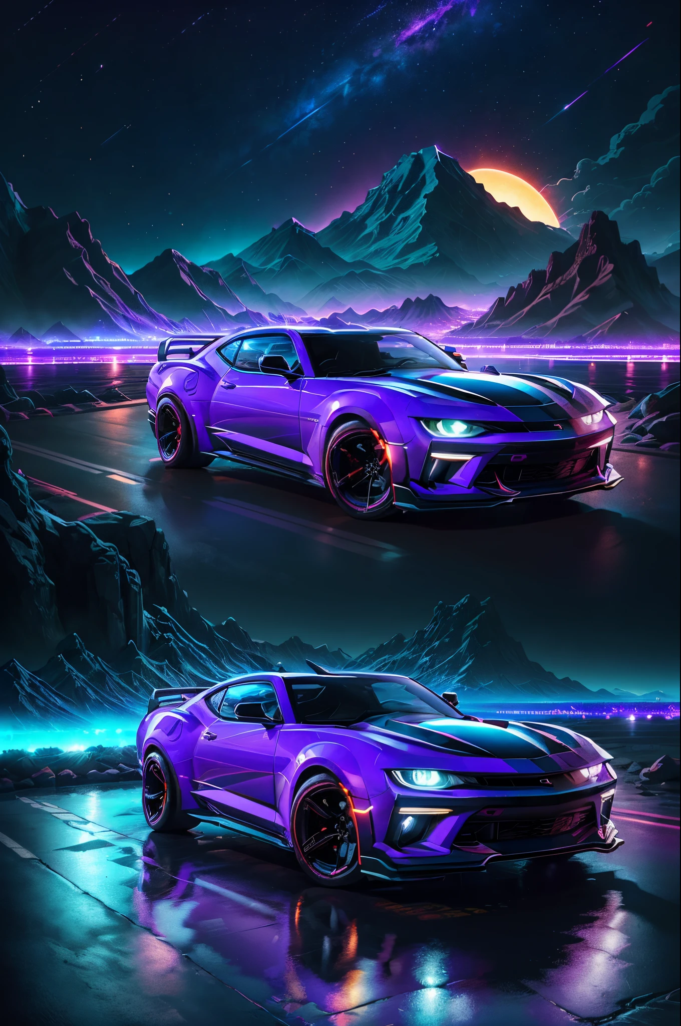 retrowave. city, 2018 chervolet camaro, wide body kit, road,  purple neon lights, sun, mountain, 
(masterpiece,detailed,highres),