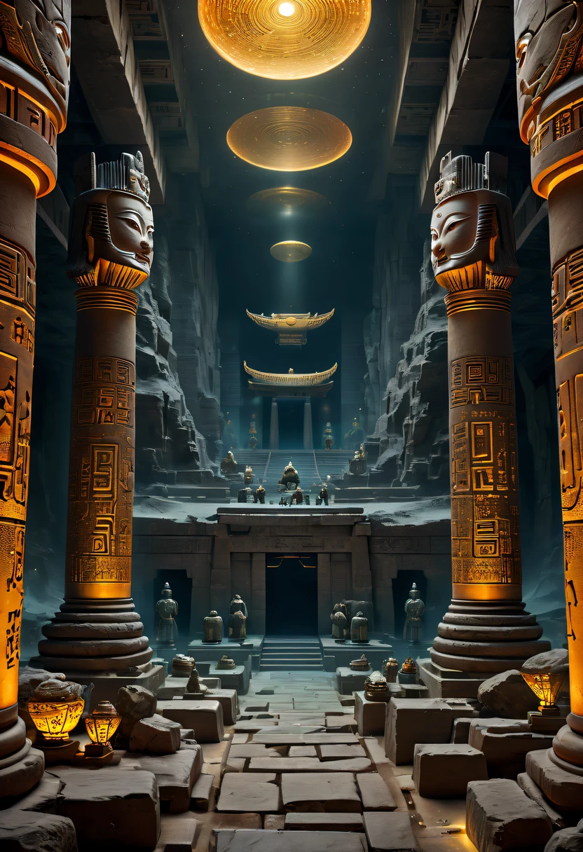 A wonderful underground cave, Alien civilization ruins, a mysterious tomb, Metal coffin, a treasure, Sparkling gold coins, terracotta warriors, antiquities, cultural relic, alien hieroglyphics, future-tech, Weird magical power, unknown cosmic energy, eye of control, Scan grid, epic, grand, octaneratingrendering, Enhanced, iintricate, (tmasterpiece, flagship artwork, offcial art, professional, Unity8k wallpapers:1.3), ultra - detailed, (actual, photoactual, photo-actual:1.37), HighDynamicRange, hyper HD, Studio lighting, Ultra-fine painting, Focus sharp, physically-based renderingt, professional, vivd colour, bokeh.
