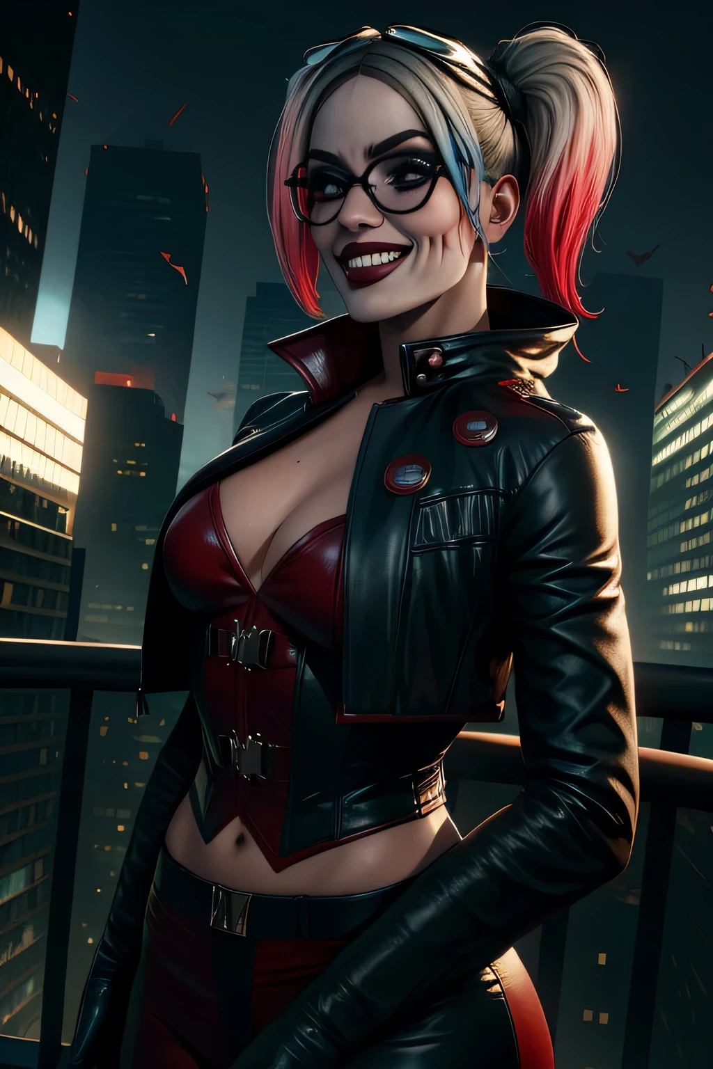 Harley, cabelos multicoloridos, maquiagem, Caudas duplas,, Sorriso leve,  Standing, parte superior do corpo, fechar para cima, 
justice, glasses on head, belt, Pants, luvas pretas, espartilho, coldre, jaqueta aberta jaqueta curta noturna, Cidade de Gotham, 
(insanamente detalhado, Rosto bonito e detalhado, master part, best quality),