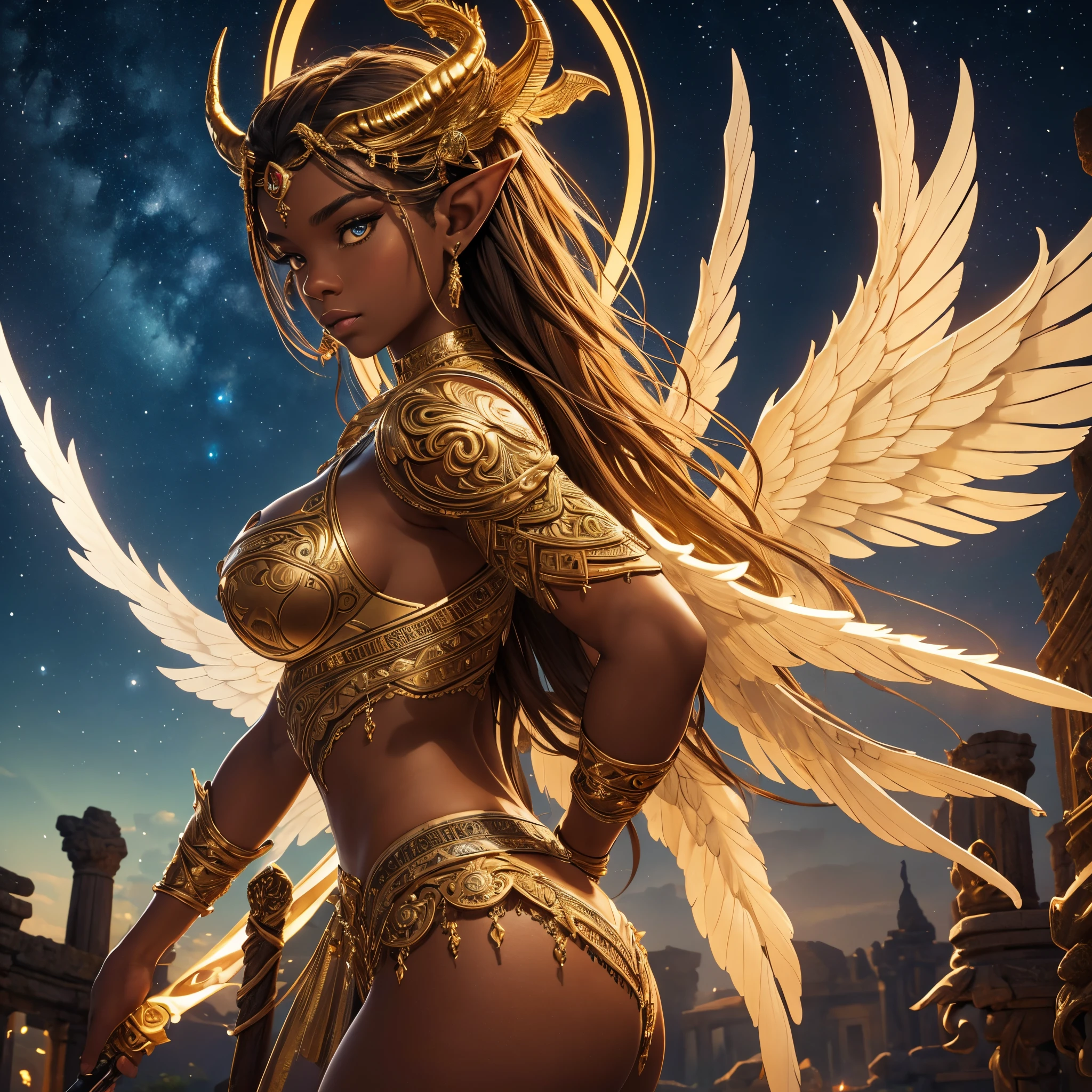 8k, masterpiece, ultra high quality, ultra detailed (real image, intricate detail, depth of field), mysterious atmospher, beautiful Angel, ebony skin, braided hair, horns, elf ears, lion eyes, detailed eyes, large golden translucent wings, wings at her back, Celestial atmosphere, candlelight, delailed wings, tanline, golden armour, sword in hands, brown skin, thick body, white tribal tattoo, wide hips, ultra detailed armour, mesmerizing look, celestial aura, In a garden, Infront of colourful ancient ruins, Night sky