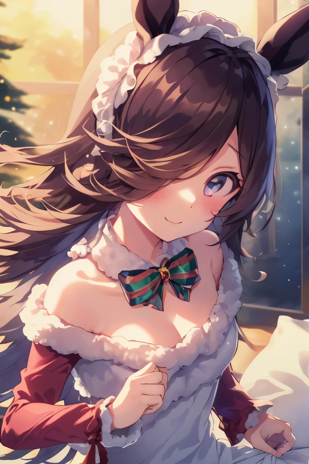 (masutepiece.top-quality).(Dynamic Angle). (Very spectacular detail CG painting),(image perfect)、comic strip.Illustration.one breasted girl.Detailed face、face perfect.delicated face、A girl with small breasts cosplaying a Santa costume、((繊細なChristmas衣装を着た胸の小さな女の子))、Textured skin、black hair is long hair、(Horse-eared girl)Horse-eared girl、((Beautiful blue eyes)).Delicate and beautiful eyes、Eyes written in detail、Reflected eyes、smil.(gazing at viewer:1.3).(A little red in the face:0.8)、8k wallpaper、cowboy shot、Reflected Light、highestdetailed、Convoluted、Delicate background、Textured skin、Detailed skin、(ultra res)、(Christmas衣装)、Christmas