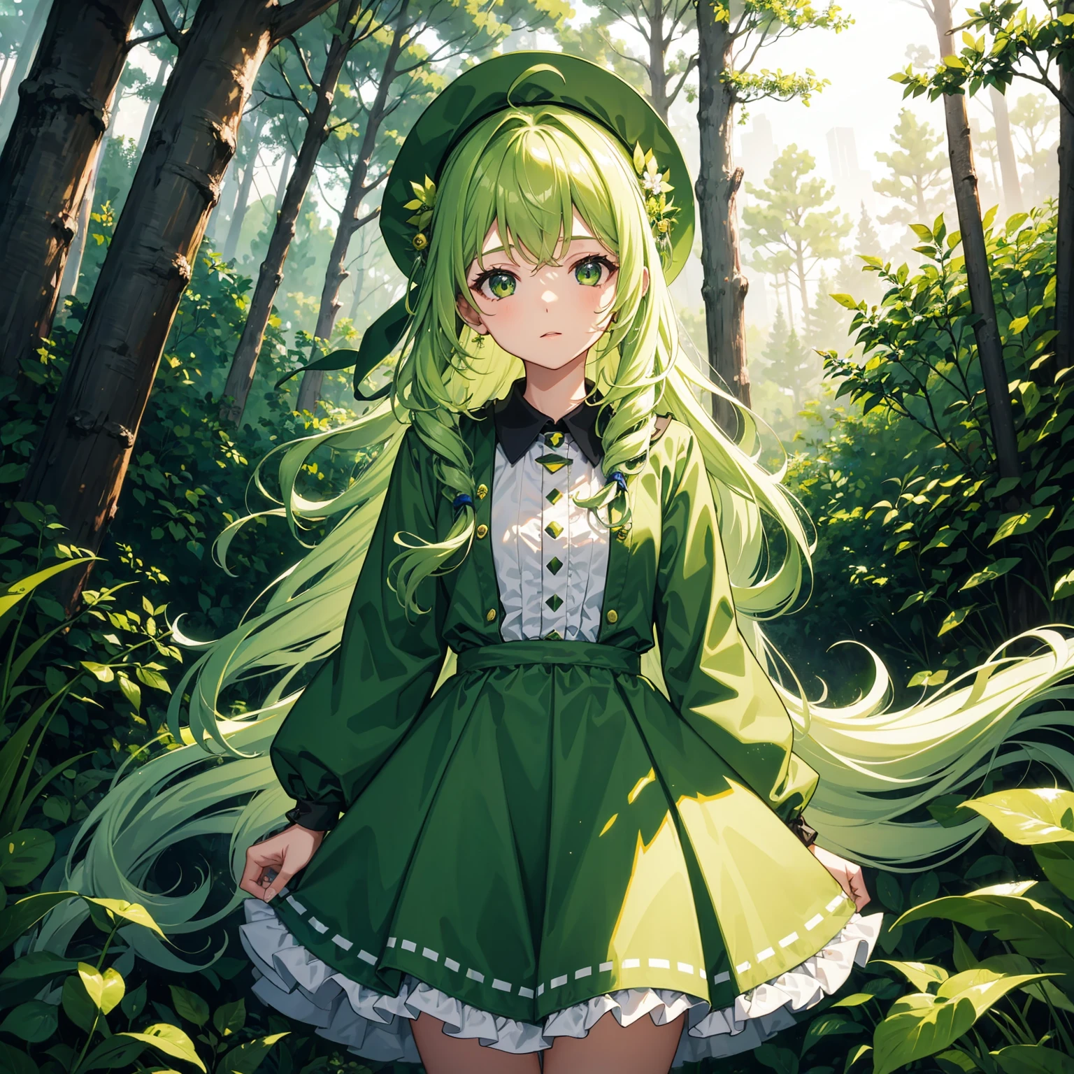 1 girl,long wavy green hair,wearing a green hippe outfit,forest