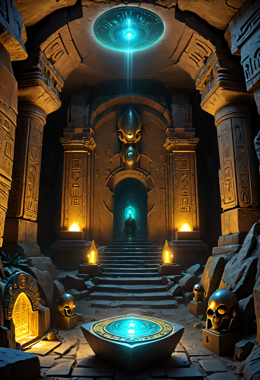 Fantasy underground cave,Alien civilization ruins,grave,Metal coffin,treasures,Glowing gold coins,terracotta warriors,cultural relic,curio,alien text totem,Ultra-future technology