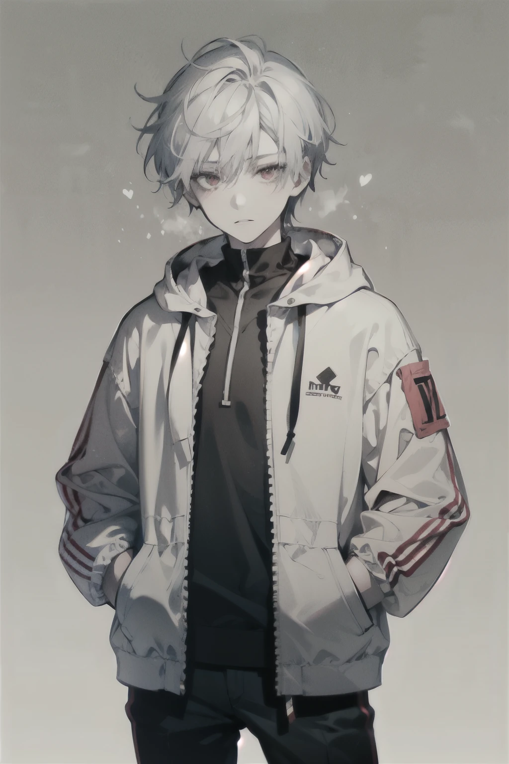 ager robot boy, with red eyes and neutral expression, wearing a white hoodie, short hair, pale skin and white hair, on a gray background, looking directly at the viewer with his hands in his pockets.