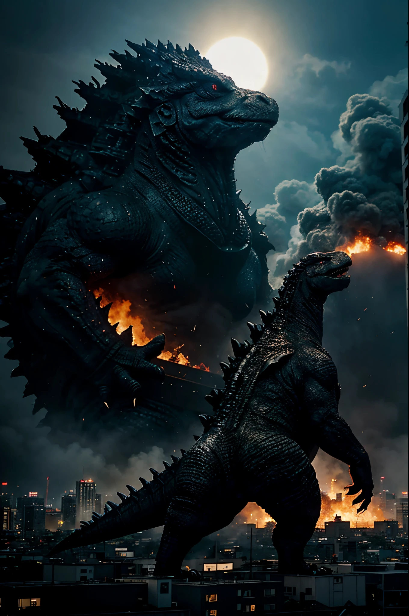 Godzilla destroying the city. Backshot