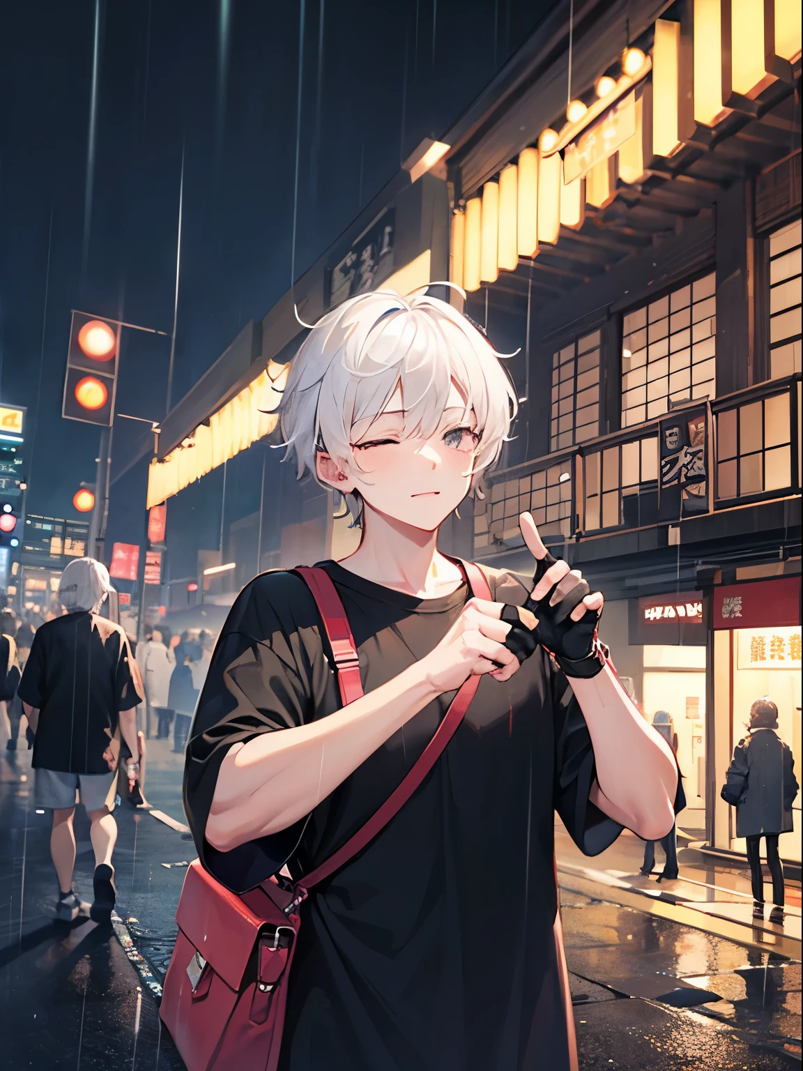 1boy, white hair, bags under the eyes, black T-shirt, black gloves with fingers, rain, Japanese city, crowd of people, closed eyes