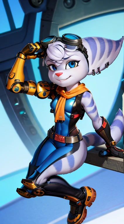 furry,rivetlombax,blue eyes,animal ears,earrings,goggles on head,bangs,mechanical arms,scarf,bodysuit,belt,tail,forest,smile,