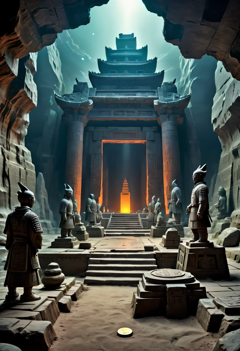 A fantastic underground cave, The ruins of alien civilization, a mysterious tomb, metal sarcophagus, Hidden treasure, glowing coins, terracotta warriors, Ancient ruins, antiquarian, alien carved totem, future-tech, Weird magical power, unknown cosmic energy