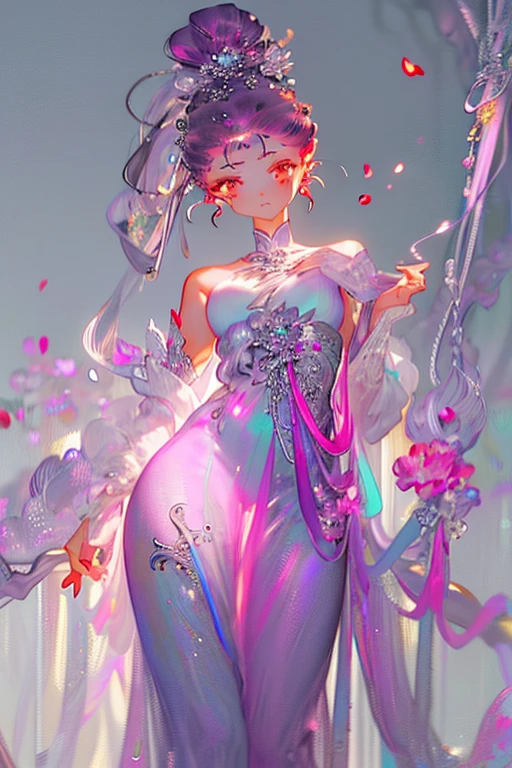 ((Masterpiece, Best Quality)), (Negative Space: 1.2), (1 Girl, Solo: 1.4), Petals, Pink Eyes, Long, Purple Hair, High Ponytail, Liquid Hair, Flowers, Dragon Background, ,mlrdjlock, background, foreground, depth of field, 1girl, bow, dress, female focus, lightning ribbon solo