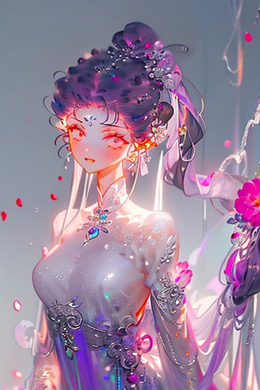 ((Masterpiece, Best Quality)), (Negative Space: 1.2), (1 Girl, Solo: 1.4), Petals, Pink Eyes, Long, Purple Hair, High Ponytail, Liquid Hair, Flowers, Dragon Background, ,mlrdjlock, background, foreground, depth of field, 1girl, bow, dress, female focus, lightning ribbon solo
