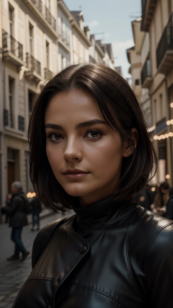 photographie of a stunning fille, dans la ville, porter un haut noir, jouissant, fille, 夏天, hot fille, (((very heavy bust))), brunette cheveux, long_cheveux, Look into the camera, symmetrical face, photoreallistic, photographie, Spectacular lighting,, magnifique, clivage, occidental, (Masterpice), Best quality, High resolution, Extremely detailed, peau avec pores, blurred background, profondeur de champ, lighting cinematic