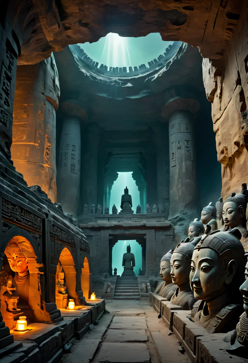 A fantastic underground cave, The ruins of alien civilization, a mysterious tomb, metal sarcophagus, Hidden treasure, glowing coins, terracotta warriors, Ancient ruins, antiquarian, alien carved totem, future-tech, Weird magical power, unknown cosmic energy