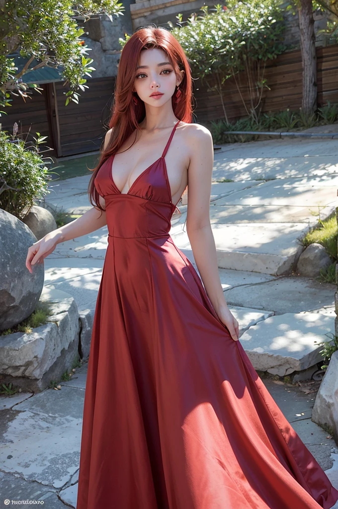 La mejor calidad,Altas Resoluciones,Ultra detallado,(realista:1.37),Hermosa mujer pelirroja,hermoso vestido rojo,Cabello rojo detallado y vestido,Pecho grande, trasero grande, cuerpo perfecto, Ojos altamente detallados,Detalles finos,foco nítido,Rostro emocionalmente expresivo,Delicate features,perfect ilumination,Sombras suaves,vivid colors,surrealista background,retrato, Toma de cuerpo completo