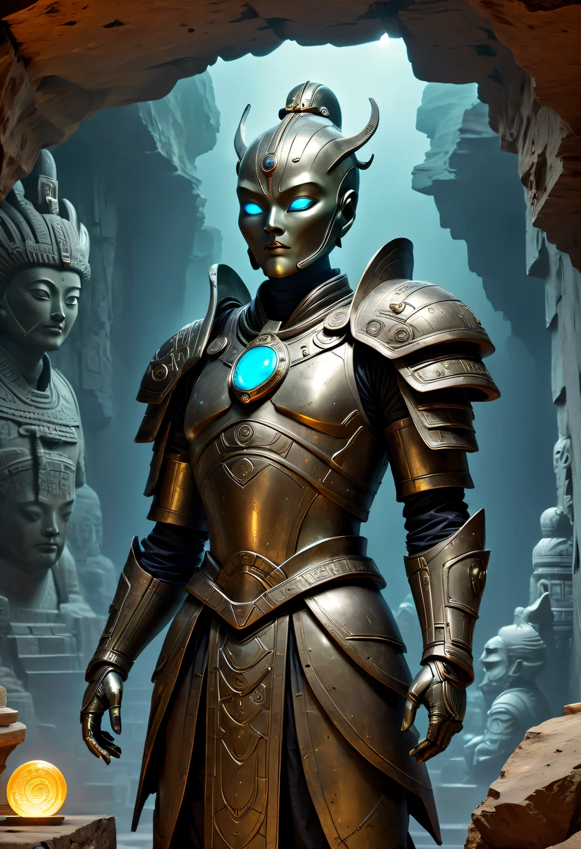 A fantastic underground cave, The ruins of alien civilization, a mysterious tomb, metal sarcophagus, Hidden treasure, glowing coins, terracotta warriors, Ancient ruins, antiquarian, alien carved totem, future-tech, Weird magical power, unknown cosmic energy