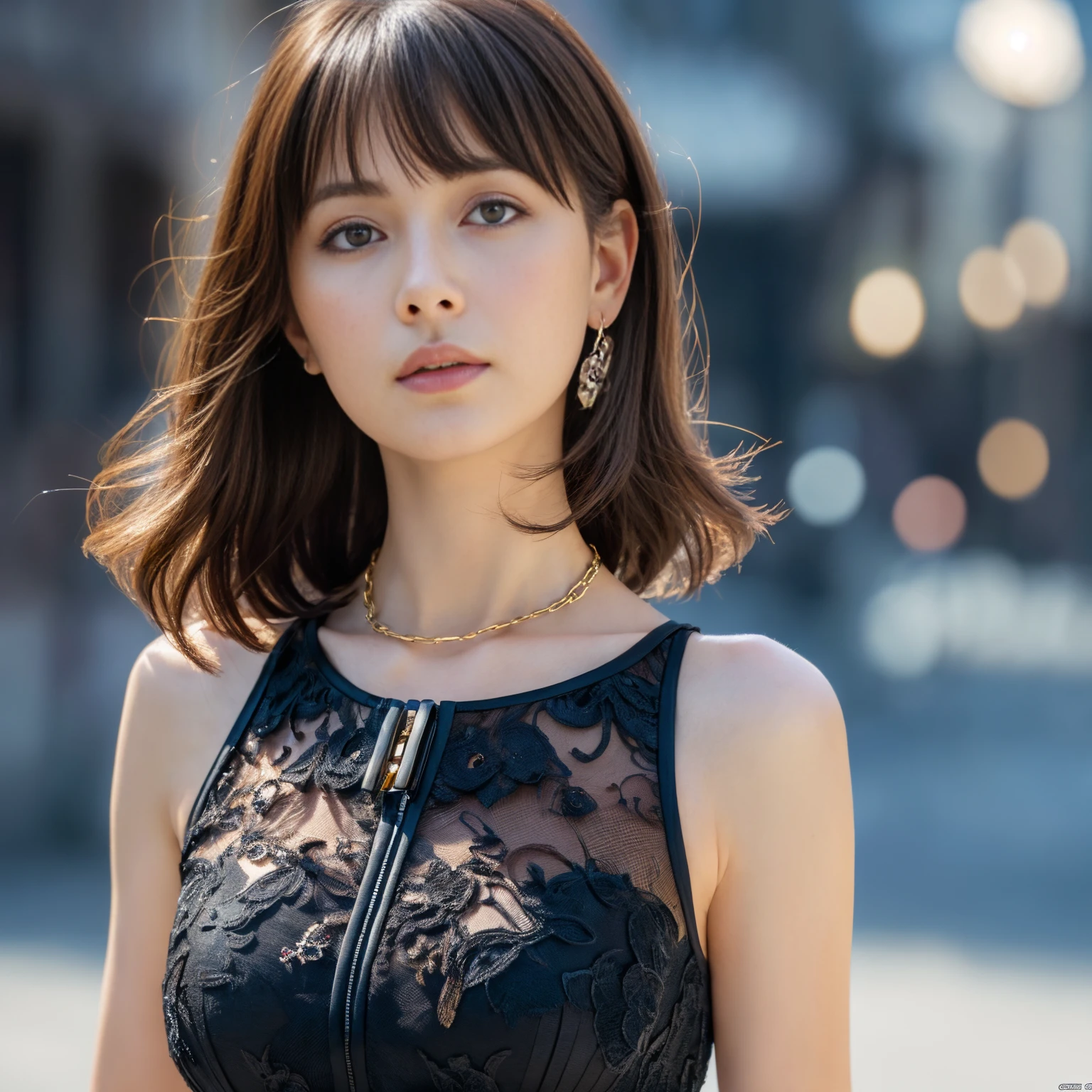 a woman posing on the street corner with light purple dress on, best quality, high res, 8k, 1girl, (huge breasts), day, bright, outdoor, (street:0.8), (people, crowds:1), (lace-trimmed dress:1.5, purple clothes:1.5, purple high-neck dress:1.5, sleeveless dress, light purple cloths 1.5), gorgeous, (bangs, long hair:1.5), beautiful detailed sky, beautiful earrings, (dynamic pose:0.8), (upper body:1.2), soft lighting, wind, shiny skin, looking at viewer, sad, crying, tears,  <lora:JAV_Aki_S_v1.0:0.0.65>