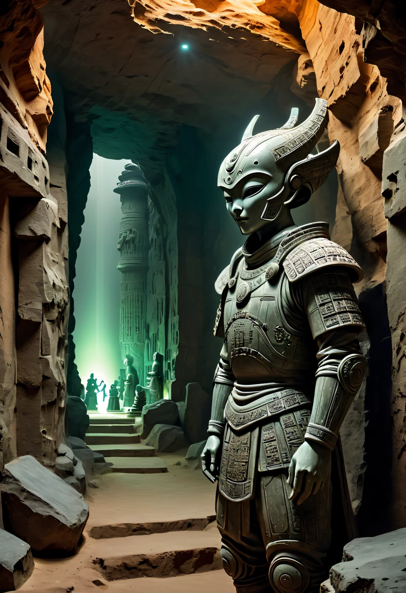 A fantastic underground cave, The ruins of alien civilization, a mysterious tomb, metal sarcophagus, Hidden treasure, glowing coins, terracotta warriors, Ancient ruins, antiquarian, alien carved totem, future-tech, Weird magical power, unknown cosmic energy