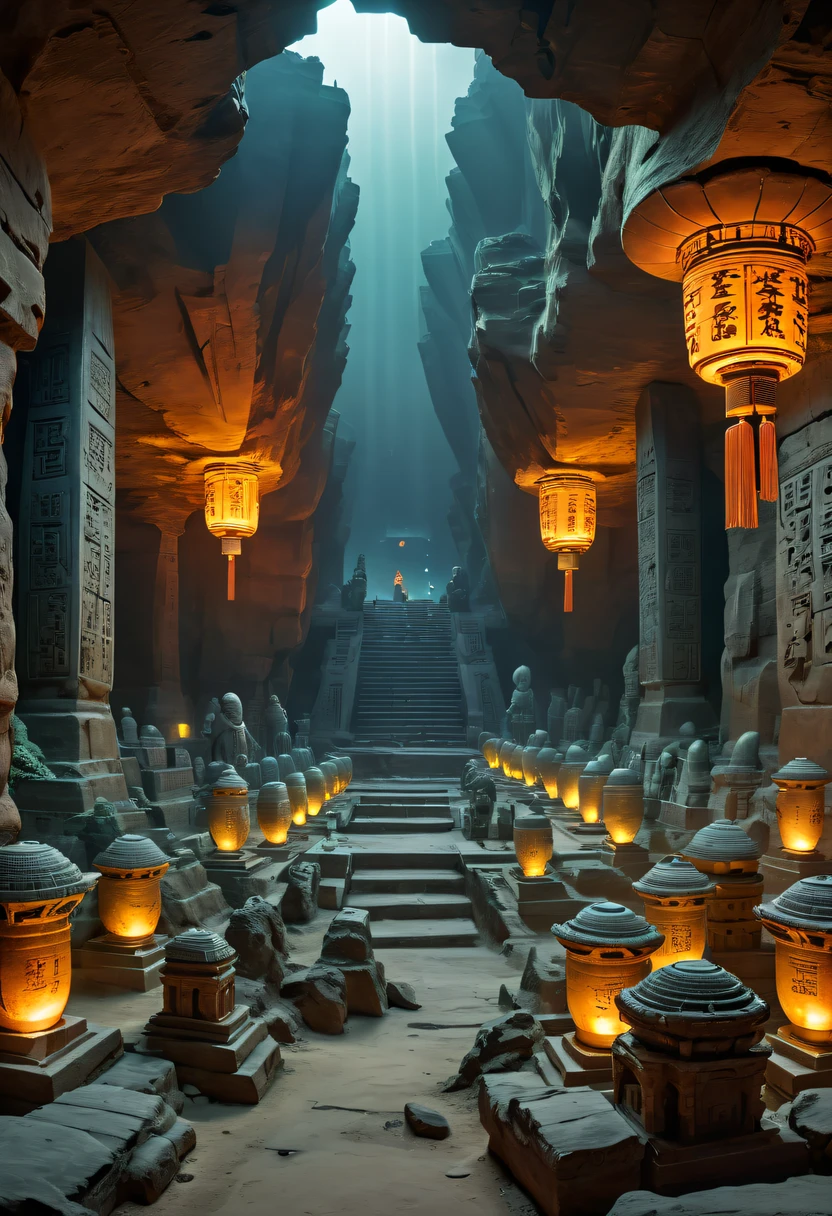 A fantastic underground cave, The ruins of alien civilization, a mysterious tomb, metal sarcophagus, Hidden treasure, glowing coins, terracotta warriors, Ancient ruins, antiquarian, alien carved totem, future-tech, Weird magical power, unknown cosmic energy