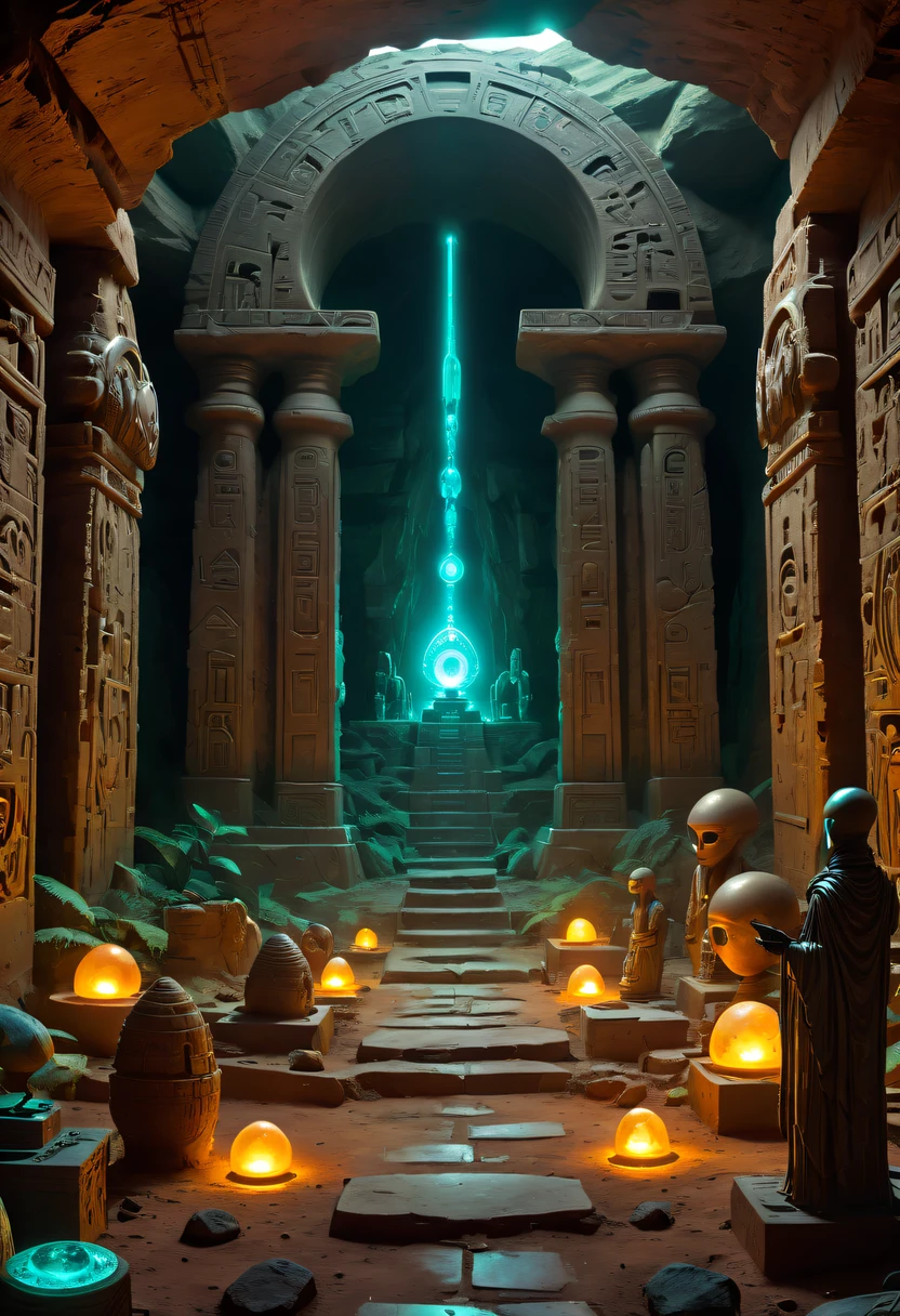 Fantasy underground cave, Alien civilization ruins, mysterious tomb, metal sarcophagus, treasures, glowing coins, terracotta warriors, cultural relic, antiquarian, Alien Glyph Totem, future-tech, Weird magical power, unknown cosmic energy