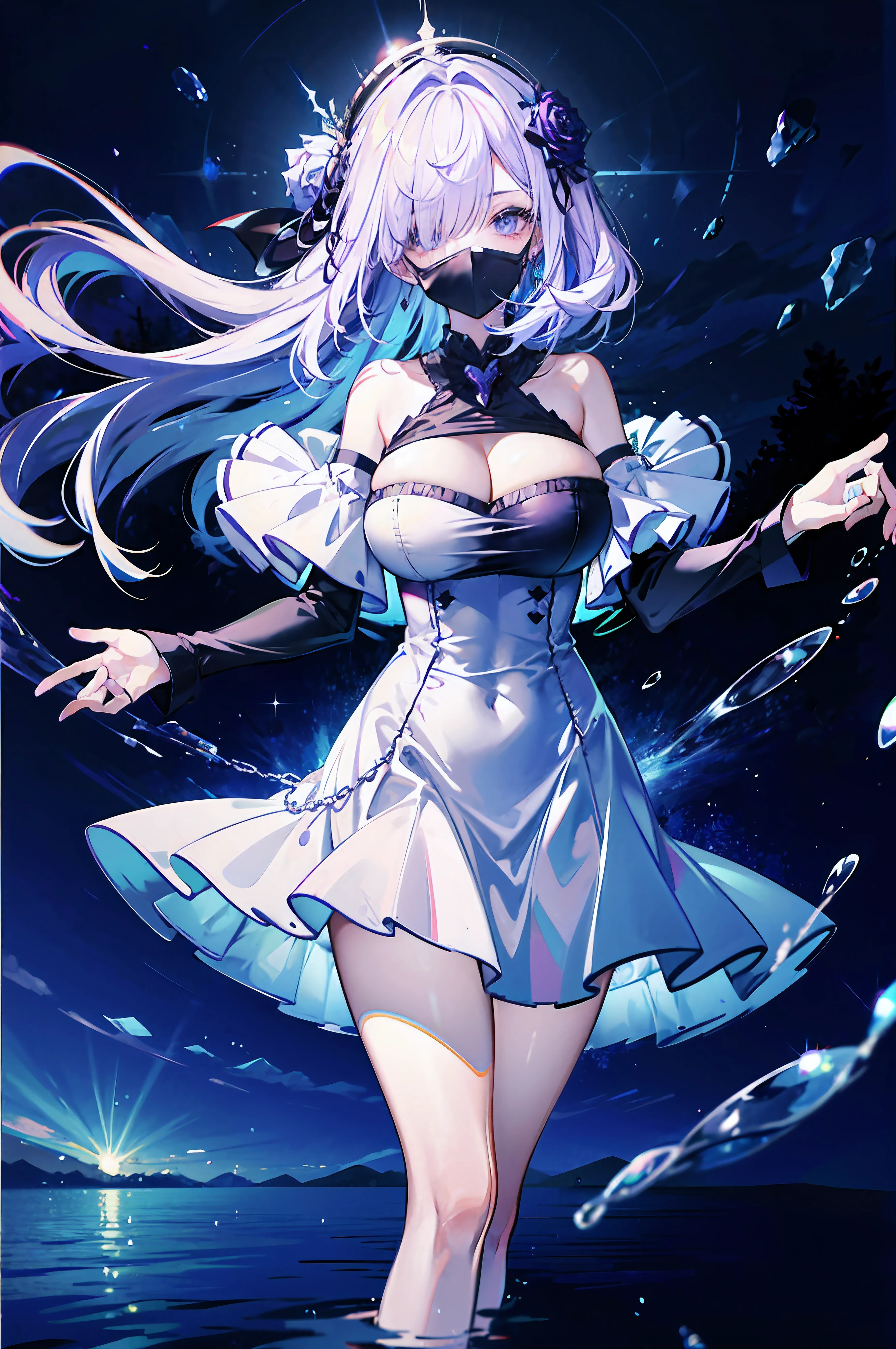 silber hair，Long gray hair，8k wallpaper，detailedbackground，Highest resolution，Deep V large breasts，hair covering one eye，Bandeau Dress，Chis，purple roses，Tight，themoon，The water is rippling，