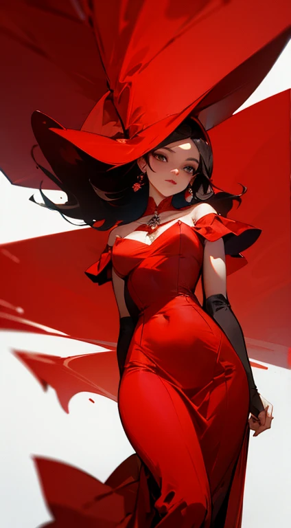 ((highest quality)), ((masterpiece)), (be familiar with),One female,Black Hair,Red eyes,White dress,Red pattern,Chest tattoo, Bewitching Smile,Black Hair,Hair tied around the neck,Blue shawl,Erect nipples,(whole body),Slanted Eyes