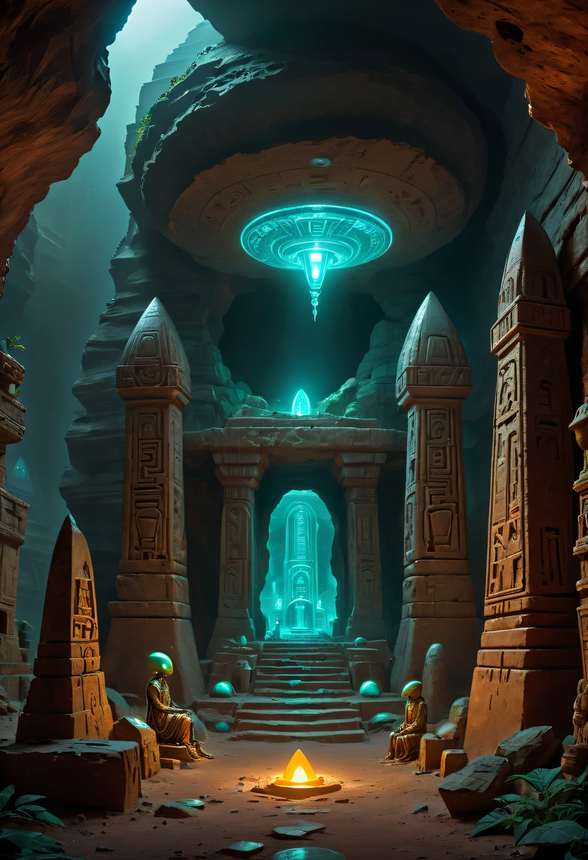 Fantasy underground cave, Alien civilization ruins, mysterious tomb, metal sarcophagus, treasures, glowing coins, terracotta warriors, cultural relic, antiquarian, Alien Glyph Totem, future-tech, Weird magical power, unknown cosmic energy