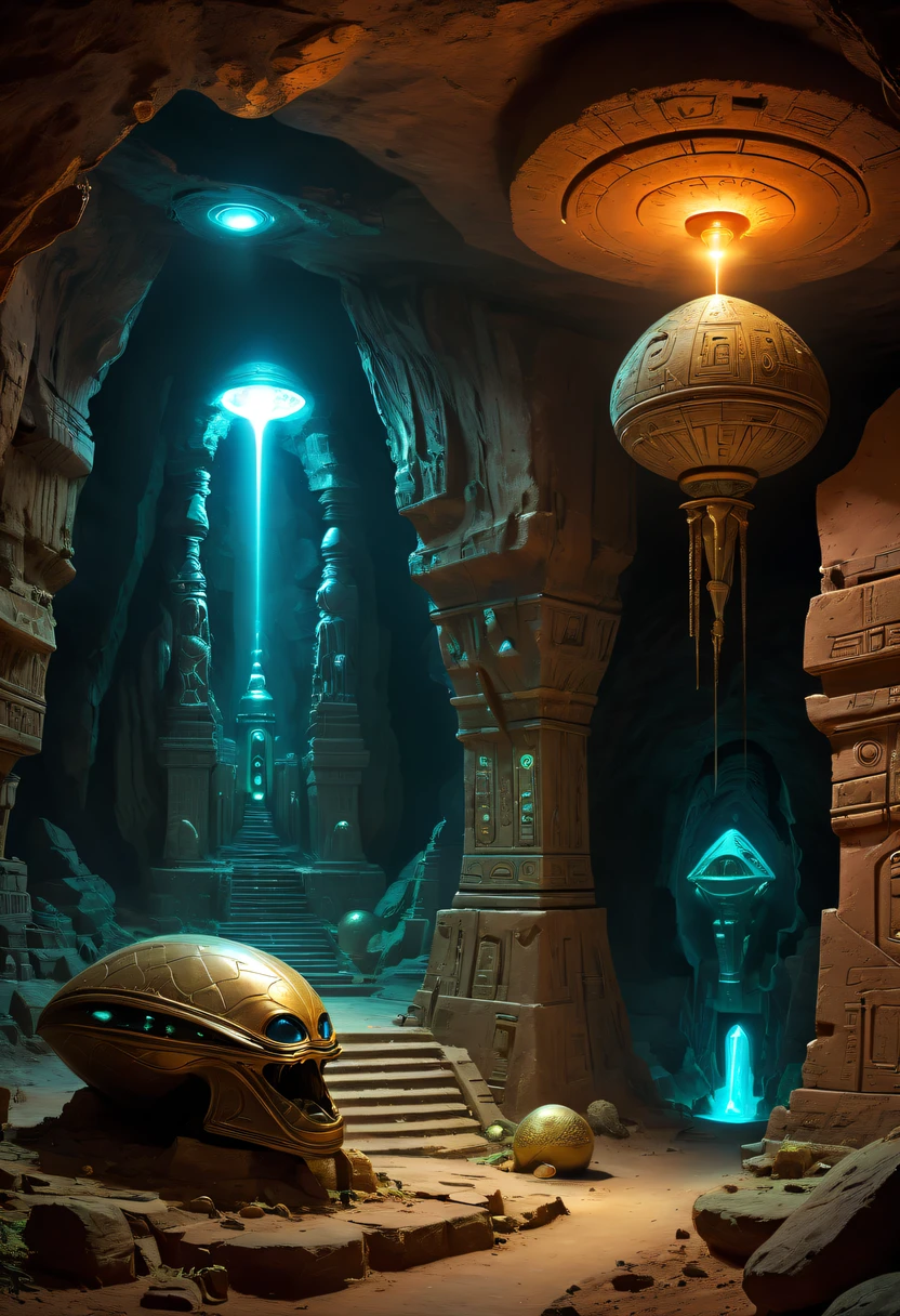 Fantasy underground cave, Alien civilization ruins, mysterious tomb, metal sarcophagus, treasures, glowing coins, terracotta warriors, cultural relic, antiquarian, Alien Glyph Totem, future-tech, Weird magical power, unknown cosmic energy