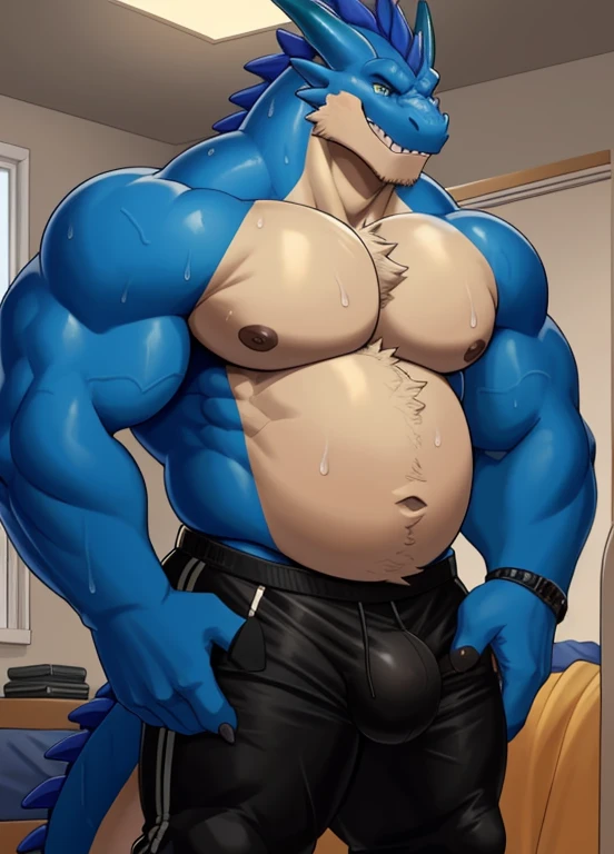 anthro, male, solo focus, dragon, college dorm, night, dim, detailed eyes, detailed clothing, bare chest, big pecs, huge belly, sweaty, bare ass