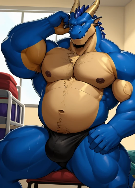 anthro, male, solo focus, dragon, college dorm, night, dim, detailed eyes, detailed clothing, bare chest, big pecs, huge belly, sweaty, bare ass