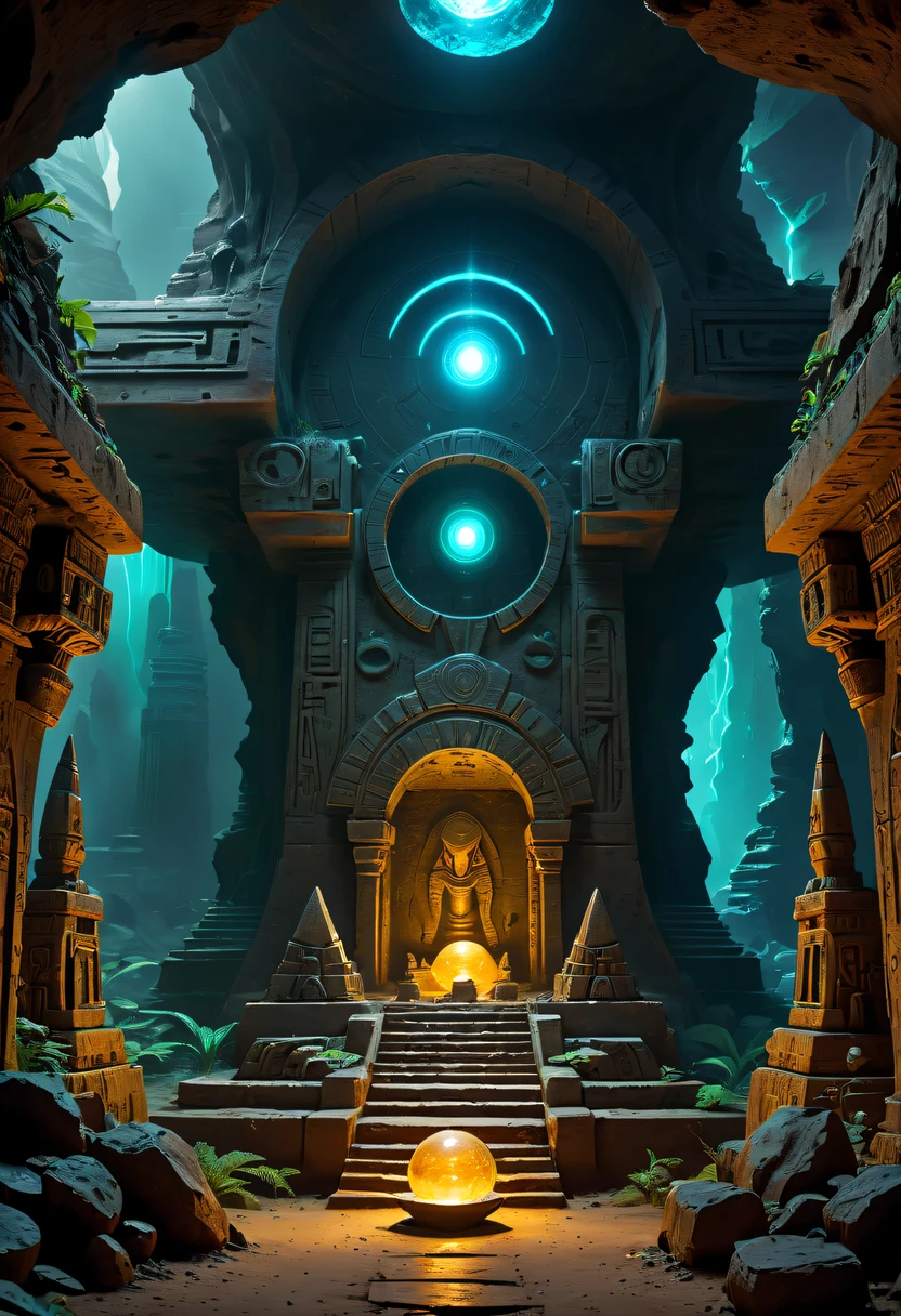 Fantasy underground cave, Alien civilization ruins, mysterious tomb, metal sarcophagus, treasures, glowing coins, terracotta warriors, cultural relic, antiquarian, Alien Glyph Totem, future-tech, Weird magical power, unknown cosmic energy