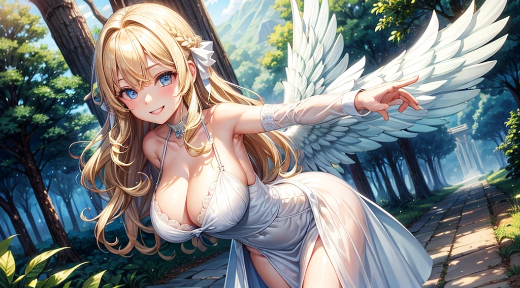 1girl, solo, village, trees, blonde hair, long hair, curly hair, large breasts, white dress, cleavage, blue eyes, angel, wings, grin, looking at the viewer, standng, hair ribbon