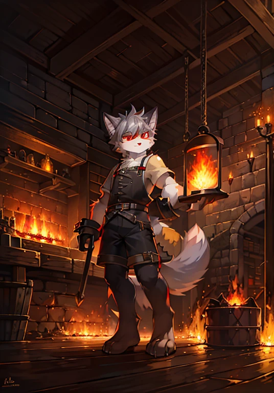 Masterpiece, high quality, digital painting/(artwork/), (anthro, fluffy fur), anthro male cat, short hair, eyes with brightness, panoramic view, (full body fur, fluffy tail, grey fur, red eyes, gray hair), blacksmith outfit, high detail background, forge, foundry, hot colors, sparks, welding