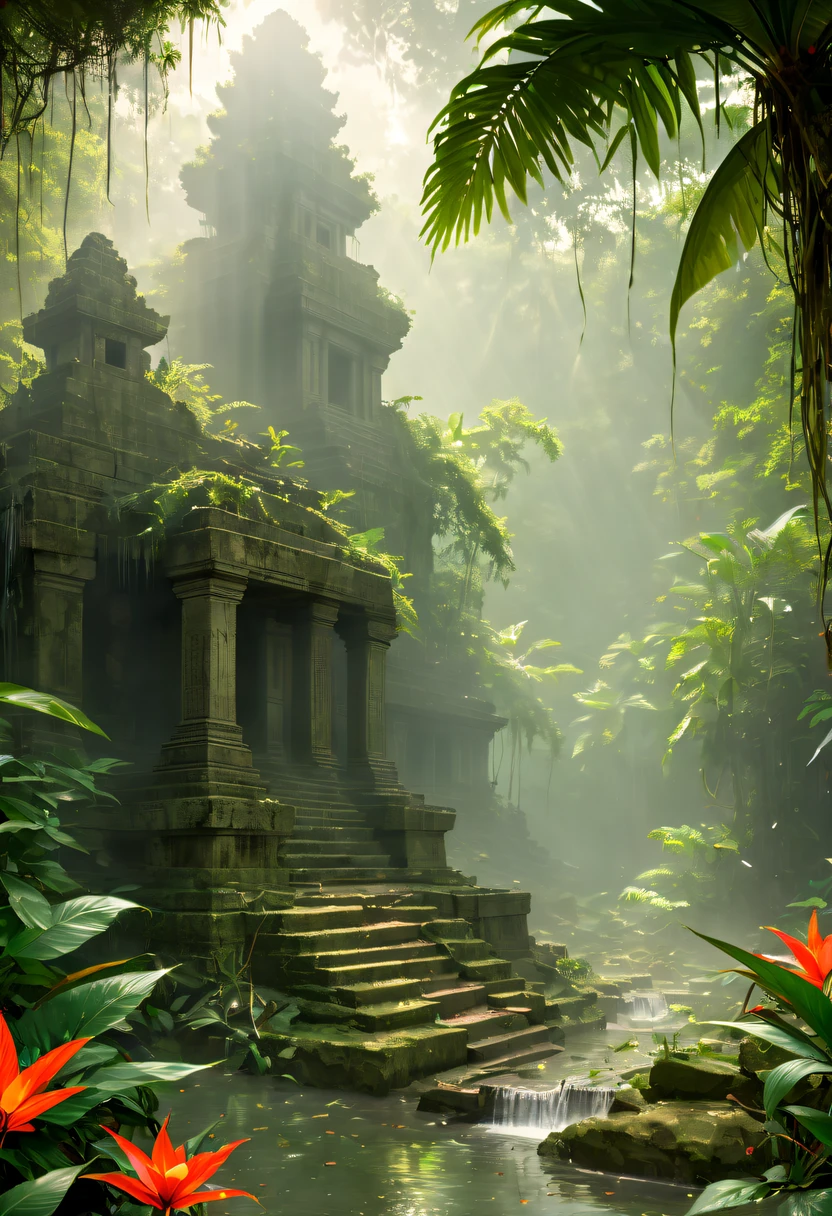 (temple ruins),Heavy rain is a stunning close-up , (tmasterpiece: 1.3), (8K, realistically, RAW photos, Best quality: 1.4), Damp rainat a forest,at a forest,jungles,There is heavy rainfall,Mono Color,Surrounded by vines,giant and wet trees,(jungles阴暗潮湿:1.8),There are swamps on the ground,There was an air of obstruction in the woods,Spooky poisonous bugreathtaking at a forest scene,Tall trees stretch out to the sky,sunshines through the leaves,Cast a golden glow on the at a forest floor。Stream flowing over mossy rocks,Create a peaceful atmosphere。Delicate branches decorated with vibrant flowers and leaves,Add a touch of color to your scene。Fireflies dancing in the air,Soft light illuminates the surroundings。Soft melody fills the air,Butterflies dance among the flowers.。in the complex、This mesmerizing moment is captured in high-quality illustrations,and pay attention to the finest details and realistic shadows,((郁郁葱葱的jungles / oases / desert island / temple ruins)), , Evocative pose, iintricate, The content is very detailed, Anders Zorn, Sophie Anderson, Leah Kuvkhinov