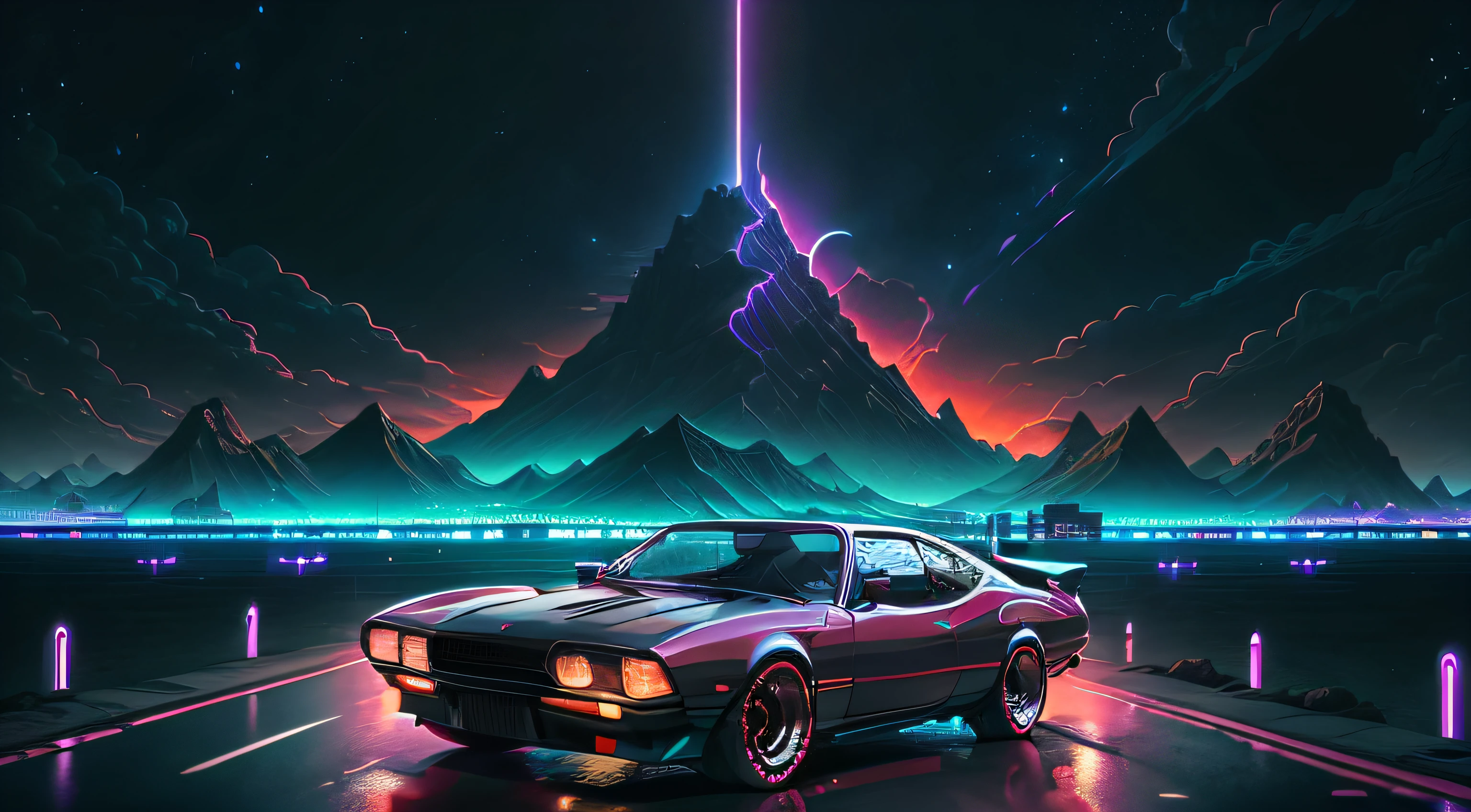 retrowave. city, 1969 Nissan S30, wide body kit, road,  purple neon lights, sun, mountain, pc,wallpaper,(masterpiece,detailed,highres),