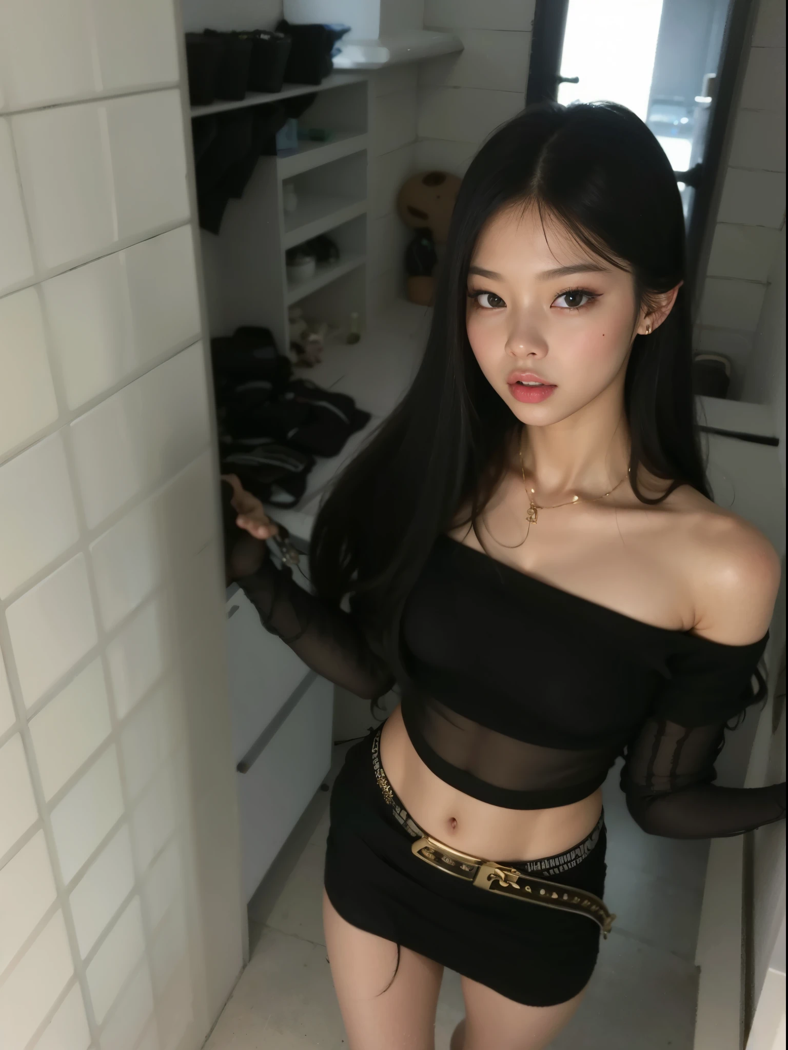 malay girl, Alone, Long black hair, view the viewer, Blonde hair, bshoulders, Brown eyes, jewely, Full body lesbian, small breasts, choker necklace, cropped bshoulderss, Sweaters, Open, actual, nase, flirting with the camera