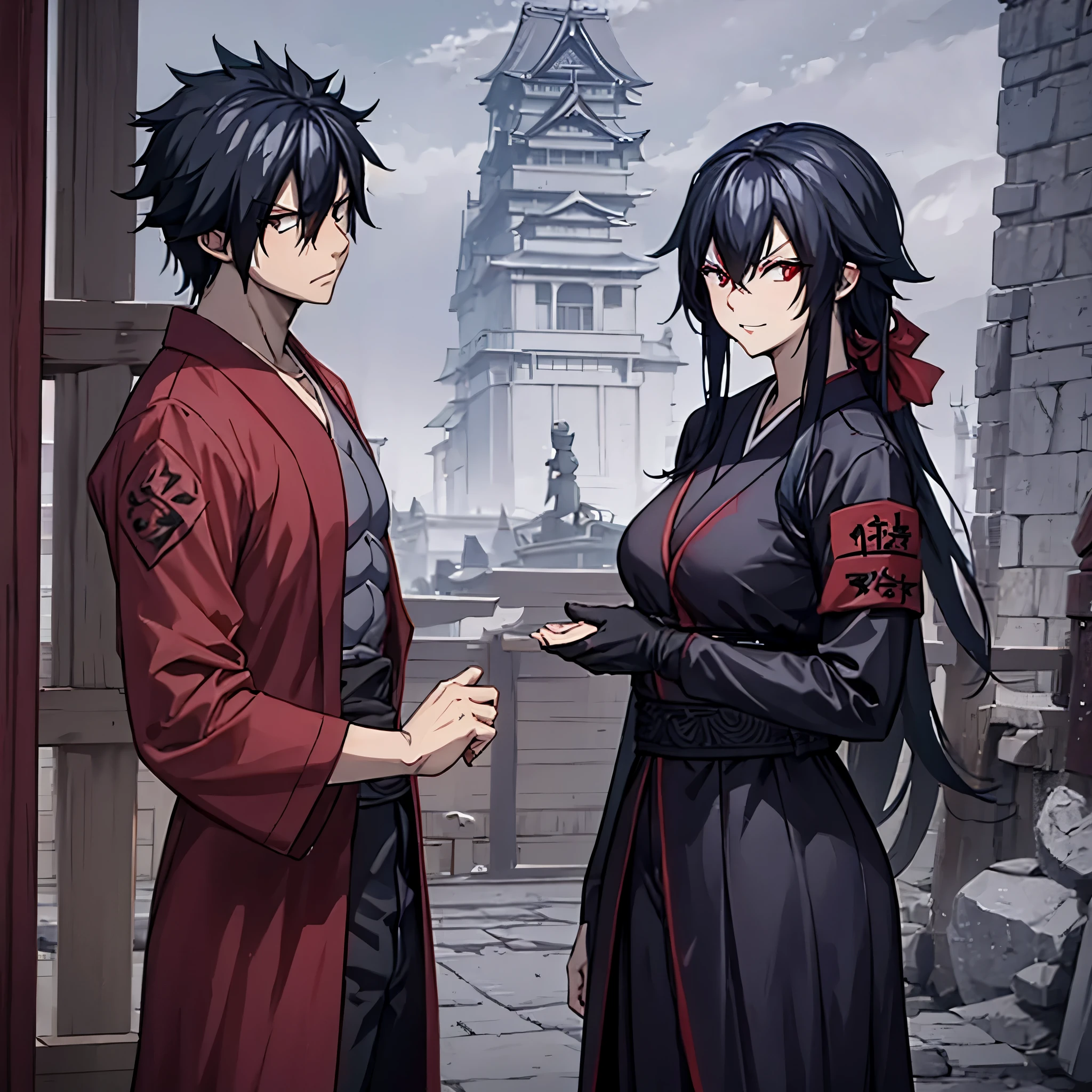 gray fullbuster using wearing heavy samurai armor next to a woman (eye red) sorridente in a red kimono in a traditional Japanese castle