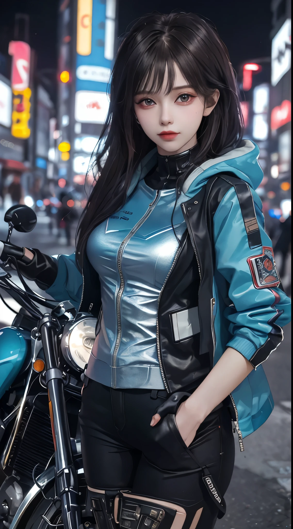 tmasterpiece, Best quality, Confident cyberpunk girl, fully body photo, ((Stand in front of the motorcycle)), Harajuku style fashion, Bold colors and patterns, eye-catching accessories, Stylish and innovative hairstyle, Vibrant makeup, Cyberpunk's dazzling cityscape, skyscrapper, neonlight, LED lights, Bright and vivid color scheme, anime , illuminations, Detailed skin texture, Fabric texture is delicate, beautiful  detailed face, Complicated details, ultra - detailed.