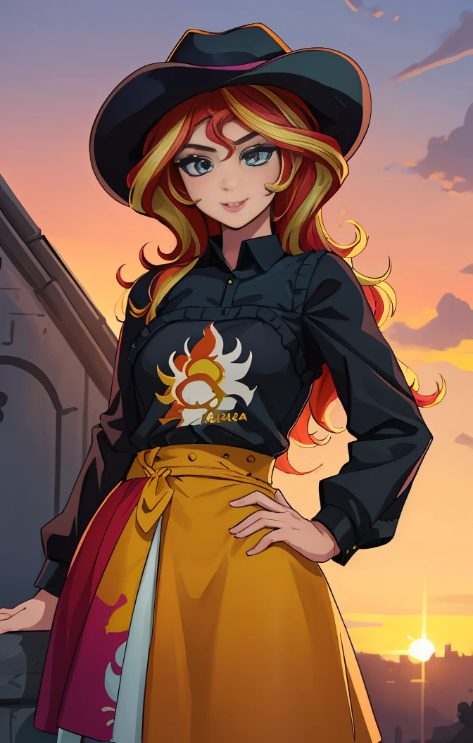 (Obra maestra, La mejor calidad:1.2), solamente, 1girl, mlpshimmer , 18yr old , ojos color turquesa, labios separados, Mirando al espectador , linda sonrisa  , manos en la cintura  , fondo variado, mlp , Sunset Shimmer , viste ropa de vaquero , usa sombrero negro , camisa negra , falda color cafe , botas largas vaqueras , lindo maquillaje