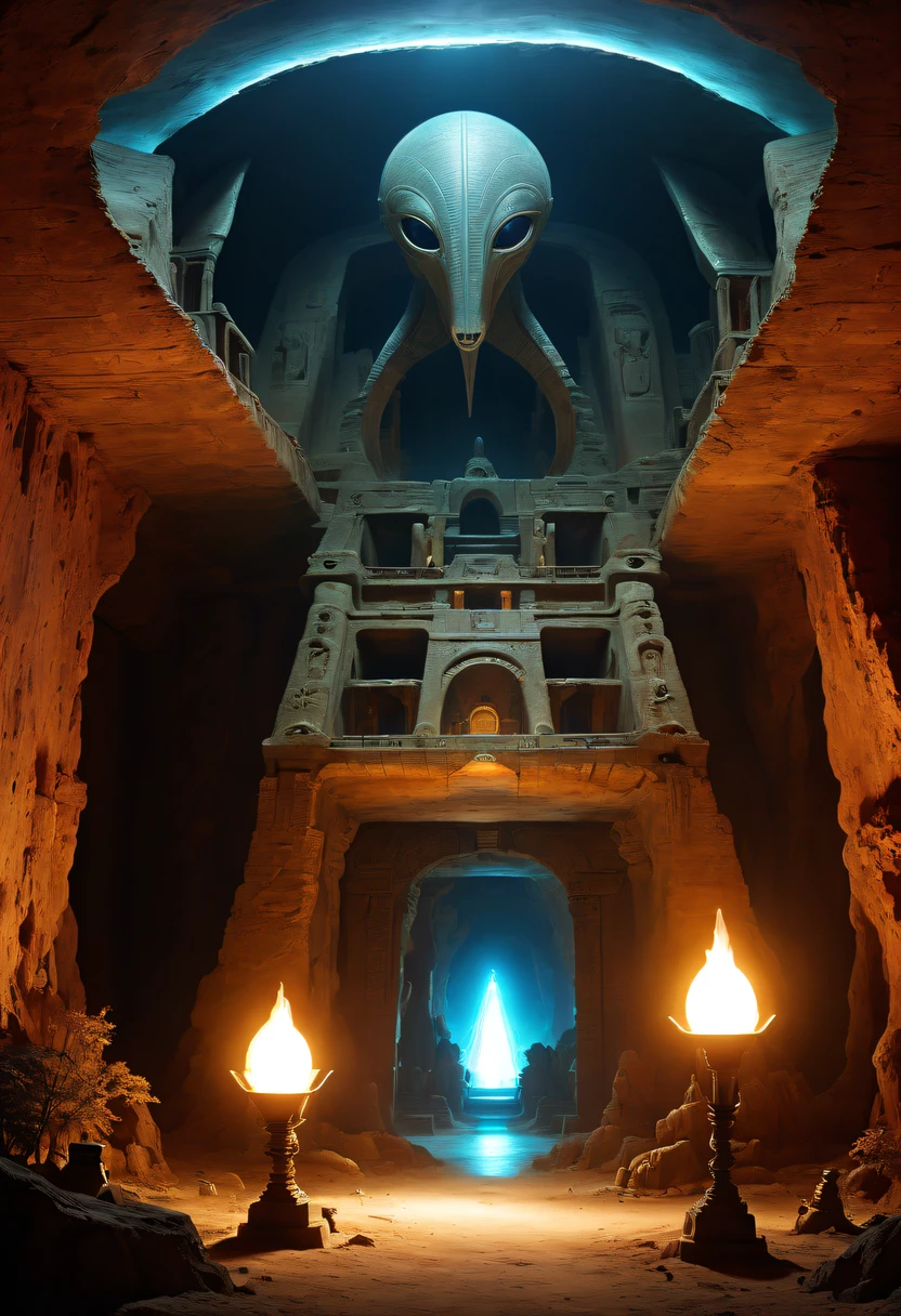 Fantasy underground cave, Alien civilization ruins, mysterious tomb, metal sarcophagus, treasures, glowing coins, terracotta warriors, cultural relic, antiquarian, Alien Glyph Totem, future-tech, Weird magical power, unknown cosmic energy