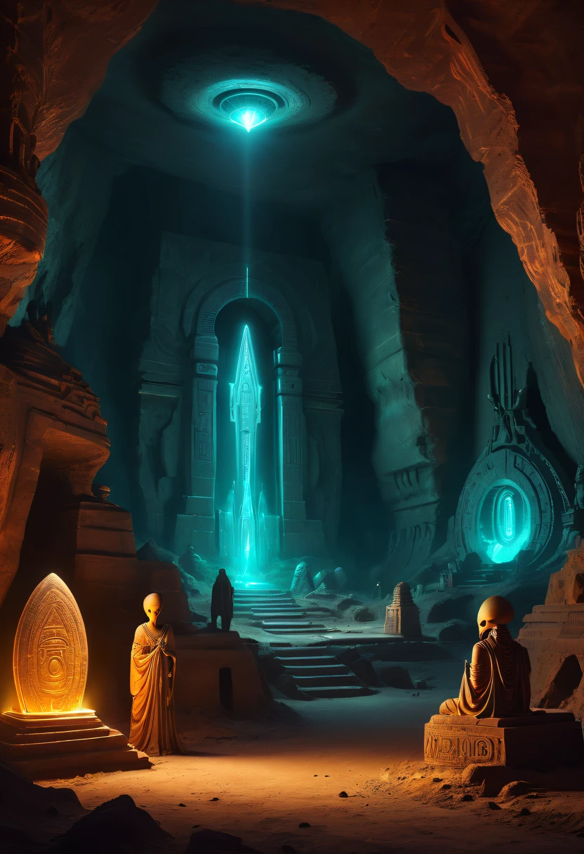 Fantasy underground cave, Alien civilization ruins, mysterious tomb, metal sarcophagus, treasures, glowing coins, terracotta warriors, cultural relic, antiquarian, Alien Glyph Totem, future-tech, Weird magical power, unknown cosmic energy