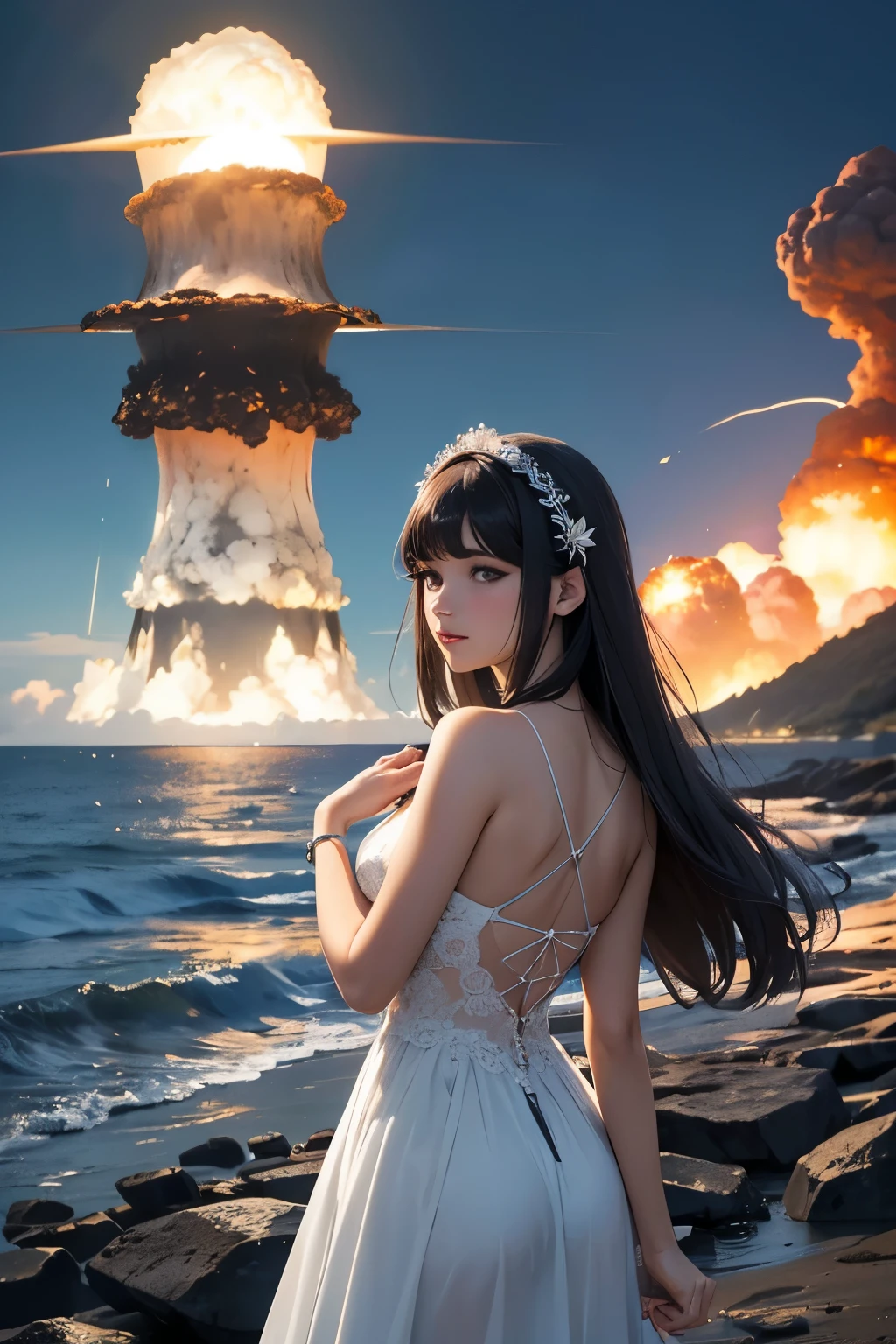 1girl, artistic Anime, stylized, professionally shot of a broad-shouldered Cuban (Woman:1.3) Safari Guide, the Woman is very Fiery and Frilled, she is sitting in a Evil Beach chair, distant nuclear explosion she is expressing joy, in a very Shaky Buba, the Woman has Chestnut hairstyle, she has a Dumb French dark white Makeup, [Cobblestone:Plants:7] helmet and Earbuds, desolate nature and flora, at Blue hour, FOV 90 degrees, [ (by Audrey Kawasaki:0.7) : (Walter Battiss:0.8) :17], Maximalist, Cosy, fairy tale, Hardcore Art, spotlit, 50mm, Film grain, opulent, underpainting, freckles, most good-looking in the world, Pixabay, UHD