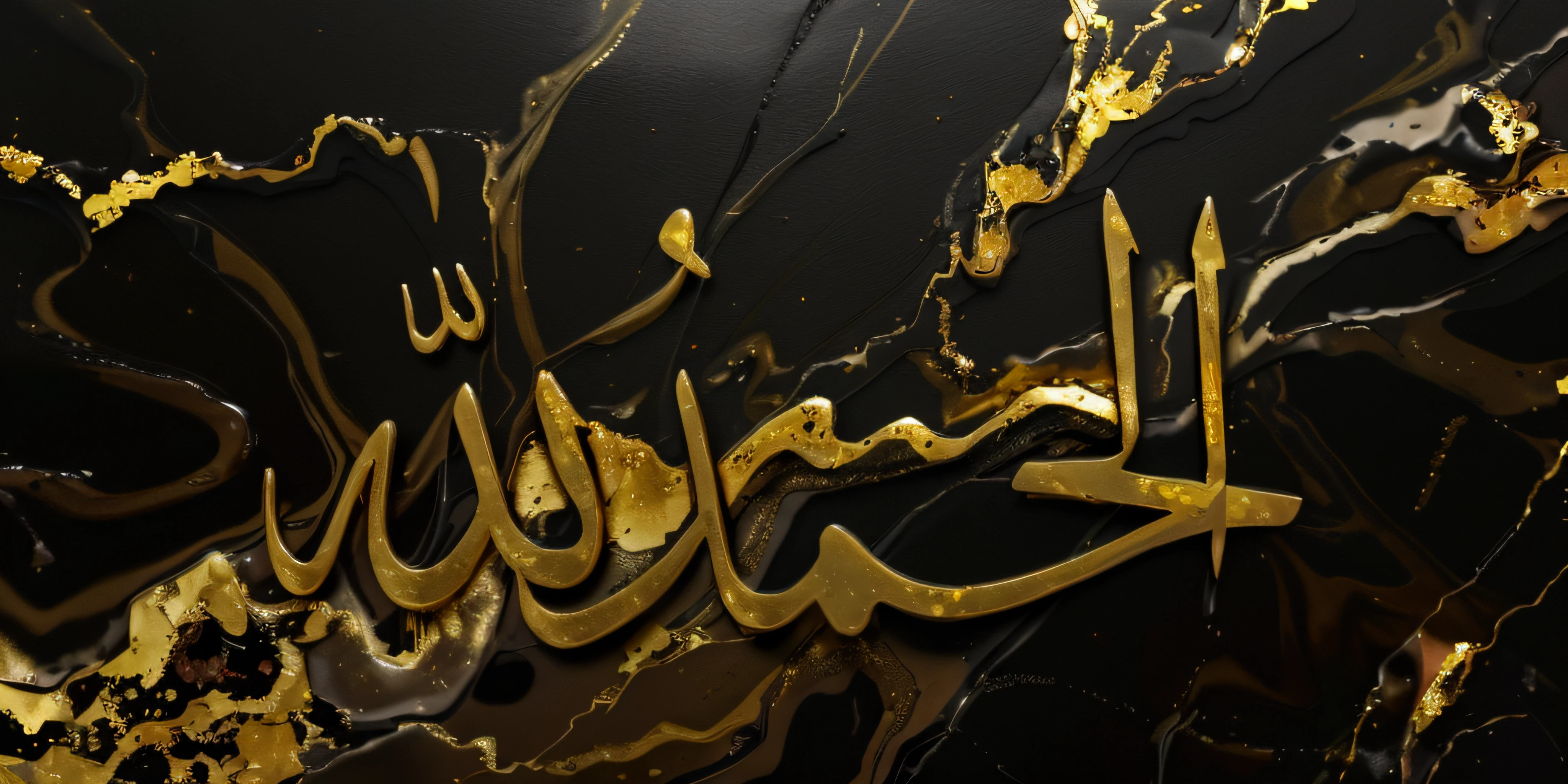 a close up of a black and gold glossy marble with a gold leaf, black marble and gold, black gold ink dripping, liquid golden and black fluid, black and gold rich color, black and gold wires, abstract black oil, gilded marbled glossy background, gold black, black and gold colors, with veins of magma and gold, black and gold by using this prompt and creat a calligraphy on refrance image