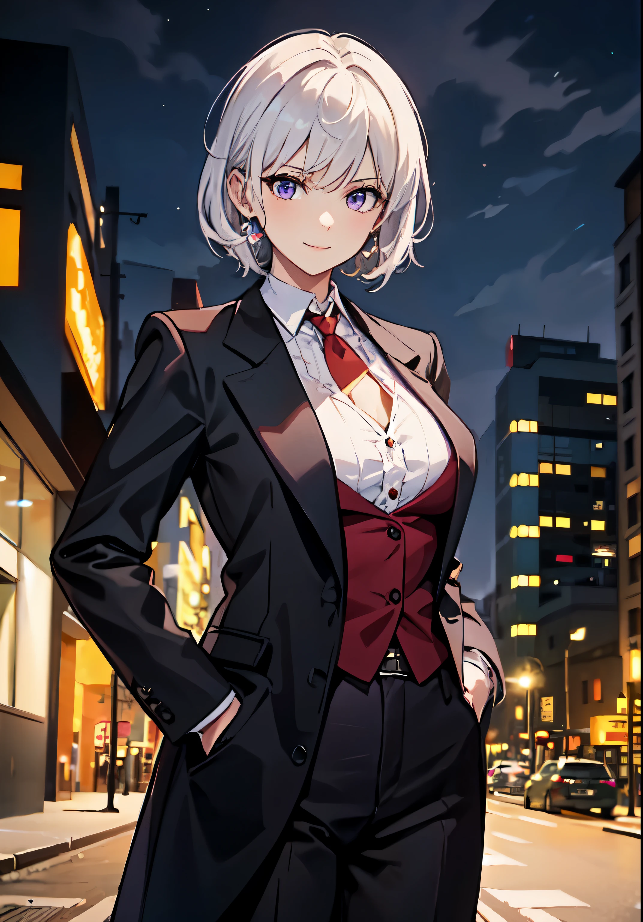 (masterpiece, best quality:1.2), cowboy shot, solo, 1girl, white hair, short wavy hair, purple eyes, (large breasts: 1.2), cleavage, slender body, light smile, looking at viewer, hands in pockets, formal, dark suit, red necktie, black pants, choker, earrings, cityscape scenery, street, night light,