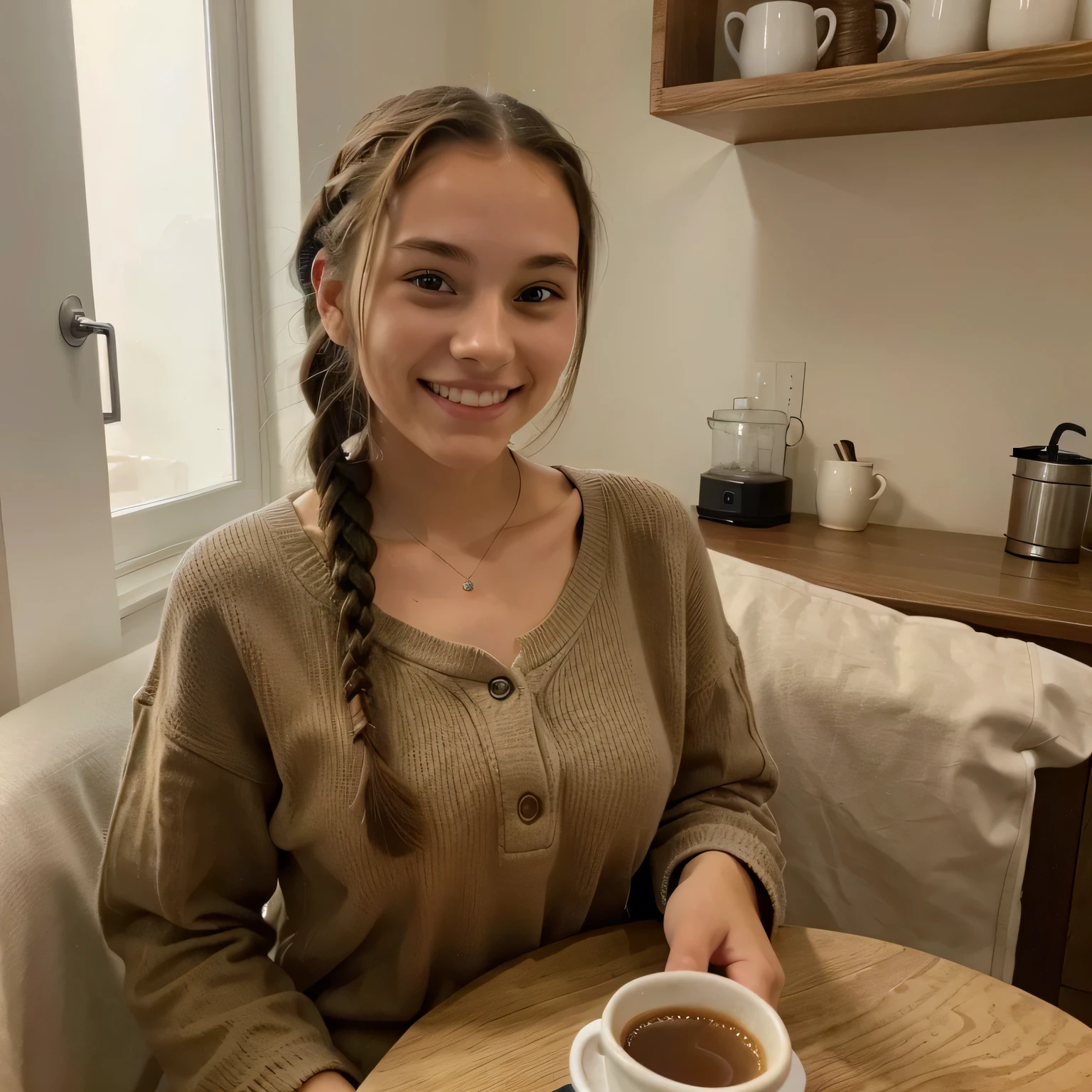 A brunette 18 year old girl with braids. She is drinking coffe for the first time, smiling. The photo is taken with an iPhone and does not look professional. It looks like a normal person took the picture with their phone