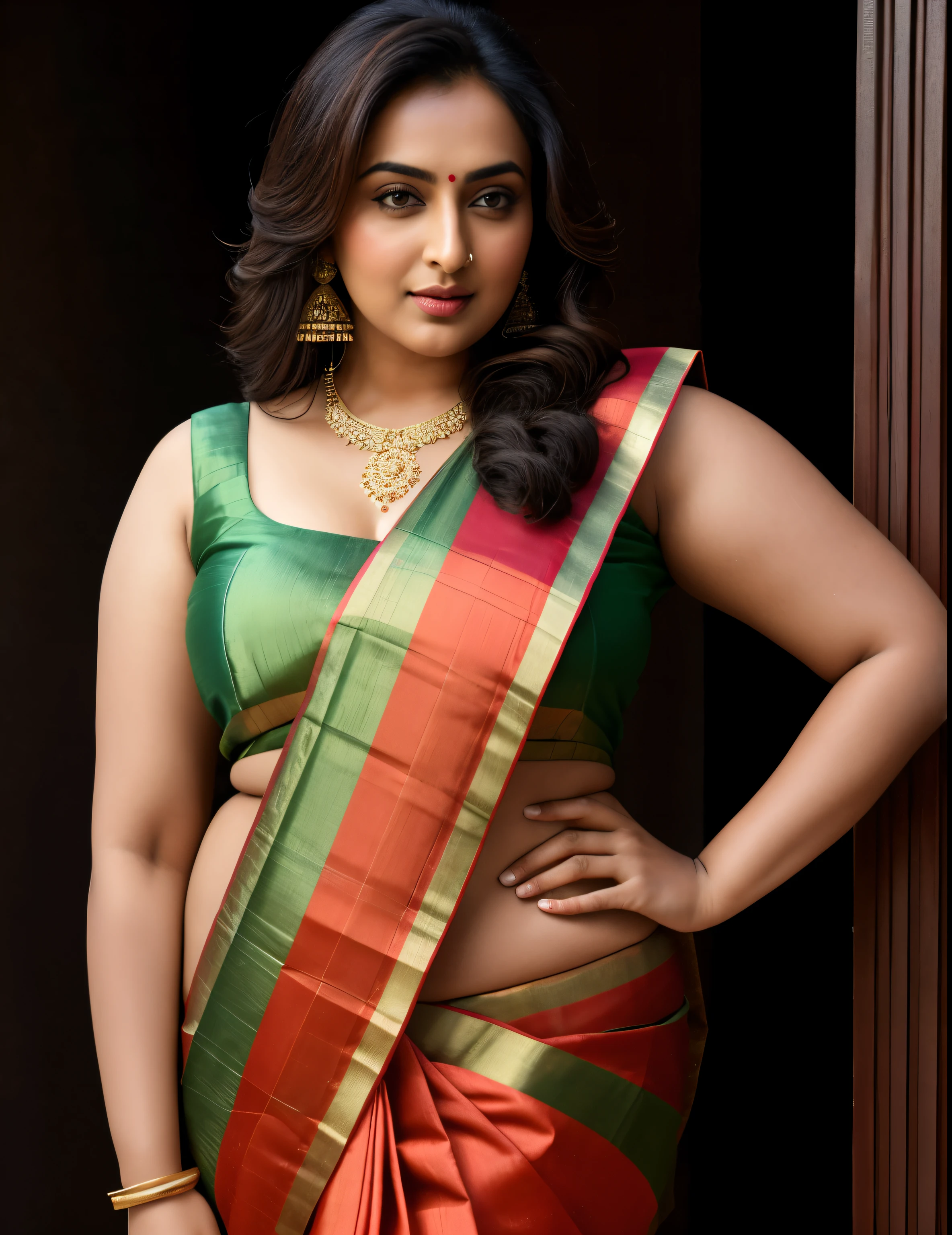 Foto RAW, photorealistic, photography, full body shot, master shot, perfect eyes, goddess like beauty, perfect thick chubby mallu Desi aunty bhabhi, Wearing a Stanapatta, a chest-band.Saree model, model Photography, Indian saree shoot, Indian traditional wear advertising photography, traditional wear brand shoot, face of Indian actress Sonakshi Sinha, masterpiece, realistic, realism, incredible details, pleasure, photorealism, detailed skin, skin pores, high contrast, photorealistic Artstation 8k HD digital art trend of high definition and detailed realistic skin texture, ultra detail, realistic skin texture, armature, best quality, ultra high definition, (photorealistic:1.4),, high resolution, detail, raw photo, Re sharp, by Lee Jefferies Nikon D850 Film Stock Photo 4 Kodak Portra 400 Camera F1.6 Lens Rich Color Ultra Real Realistic Realistic Textures Dramatic Lighting Unreal Engine Trending at Art Station Cinestill 800,(pele altamente detalhada: 1.2), 8k UHD, DSLR, soft-lighting, alta qualidade, grain of film, Fujifilm XT3,she didn't like to wear blouse or bra, she happy to wear only saree, she hates blouse or bra, detailed hairy armpits,