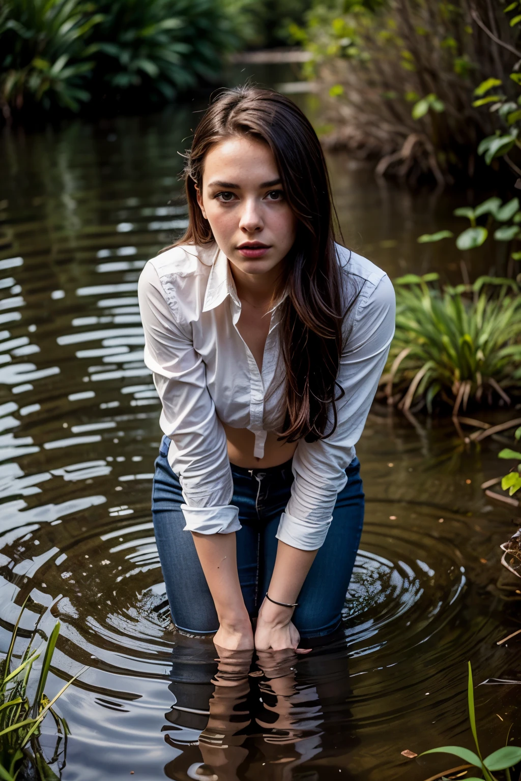 Solo Woman, in the middle of the swamp, drowning in a swamp, photo in RAW format, Downward view, shows us his thigh-high boots, her jeans are tucked into thigh high boots, her collared shirt is unbuttoned, and we see every detail of her incredible face with the highest quality camera.